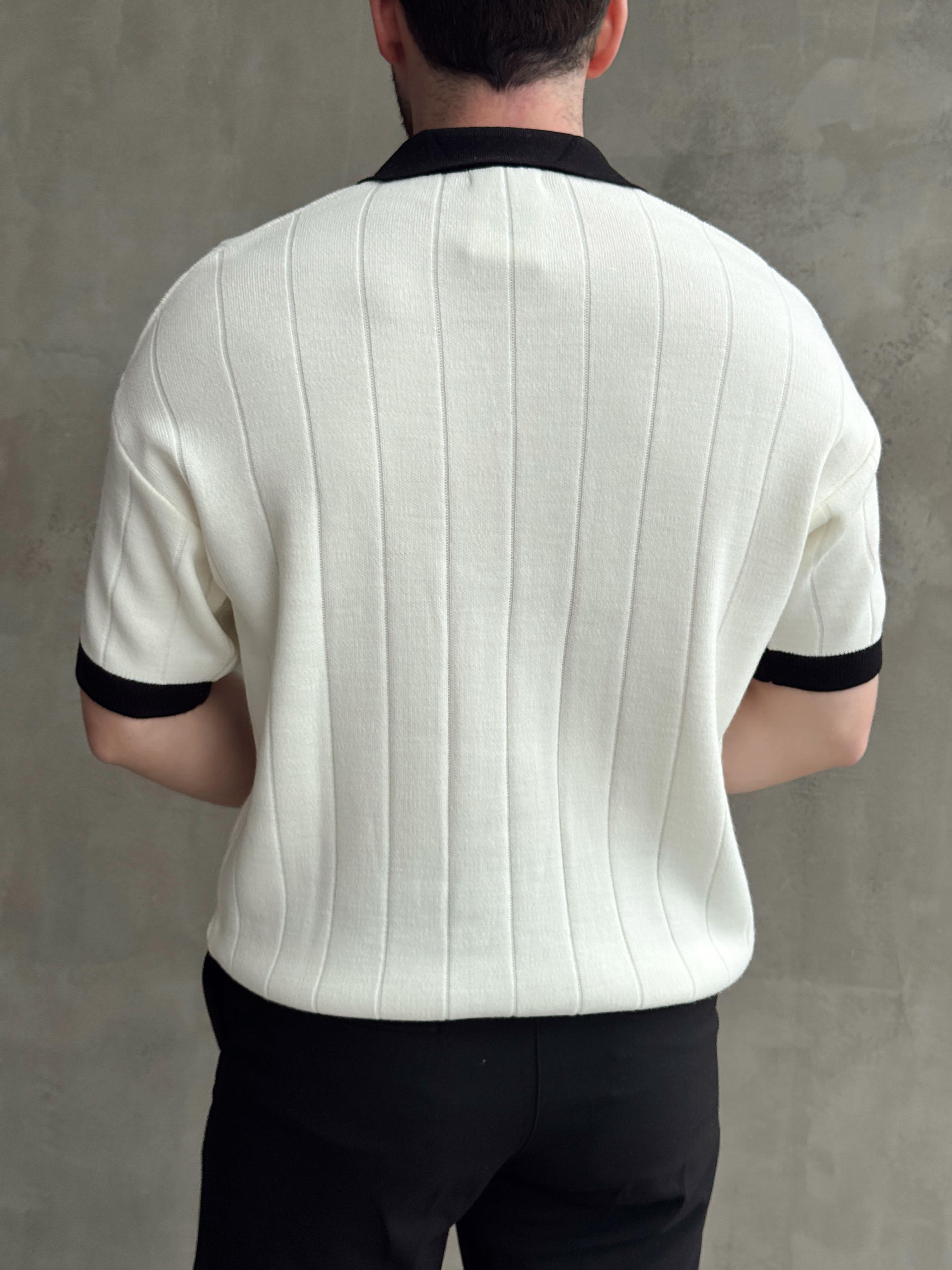 Erkek Zamansız Stil Oversize Kalıp Nakış Detaylı Polo Yaka Triko T-Shirt-Beyaz(E1609)Ketench