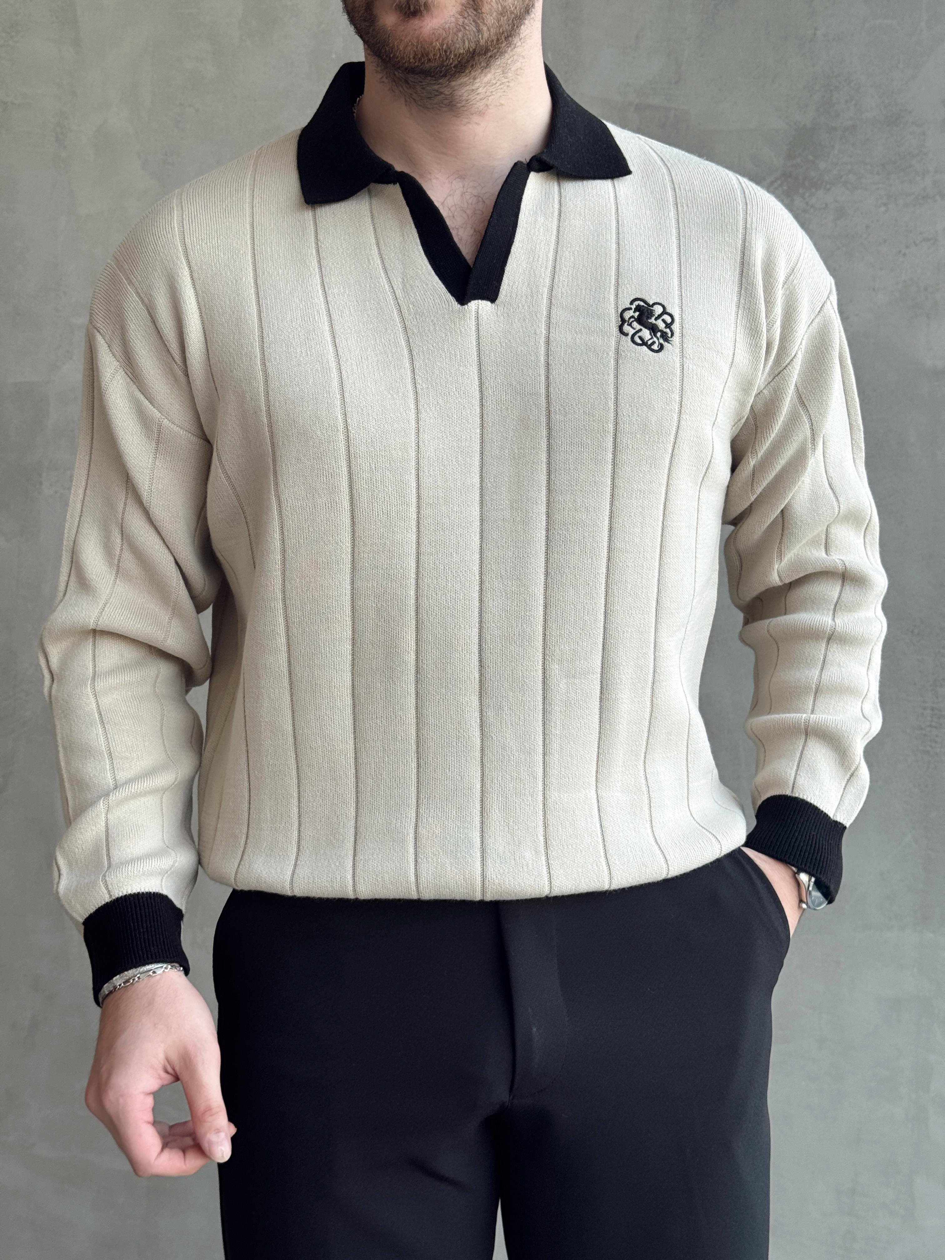 Erkek Zamansız Stil Oversize Kalıp Nakış Detaylı Polo Yaka Triko Kazak-Vizon(E1560)Ketench