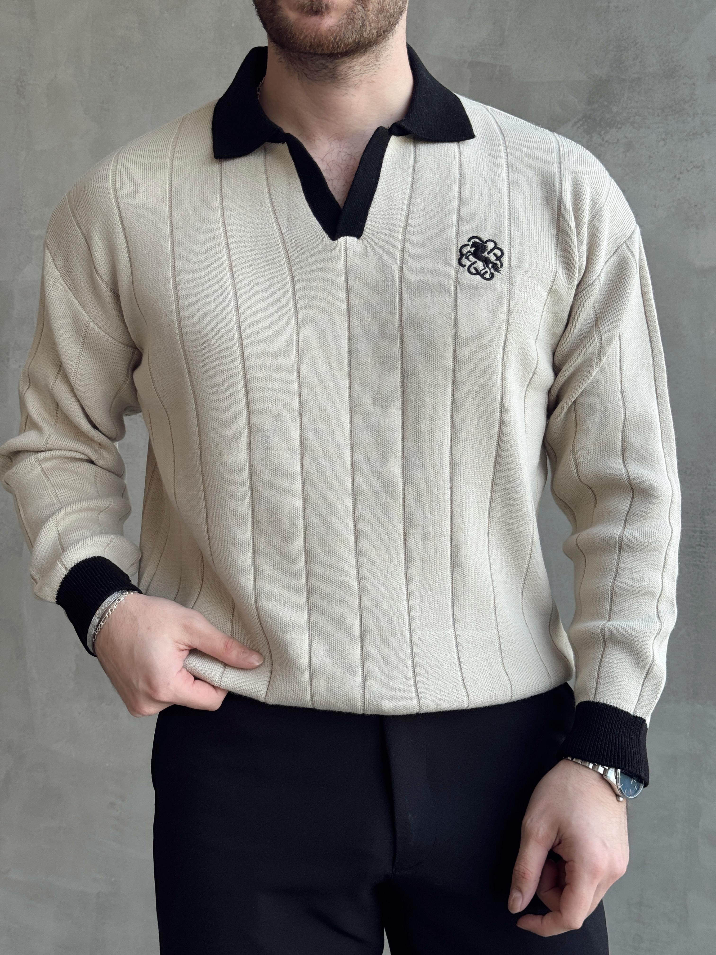 Erkek Zamansız Stil Oversize Kalıp Nakış Detaylı Polo Yaka Triko Kazak-Vizon(E1560)Ketench