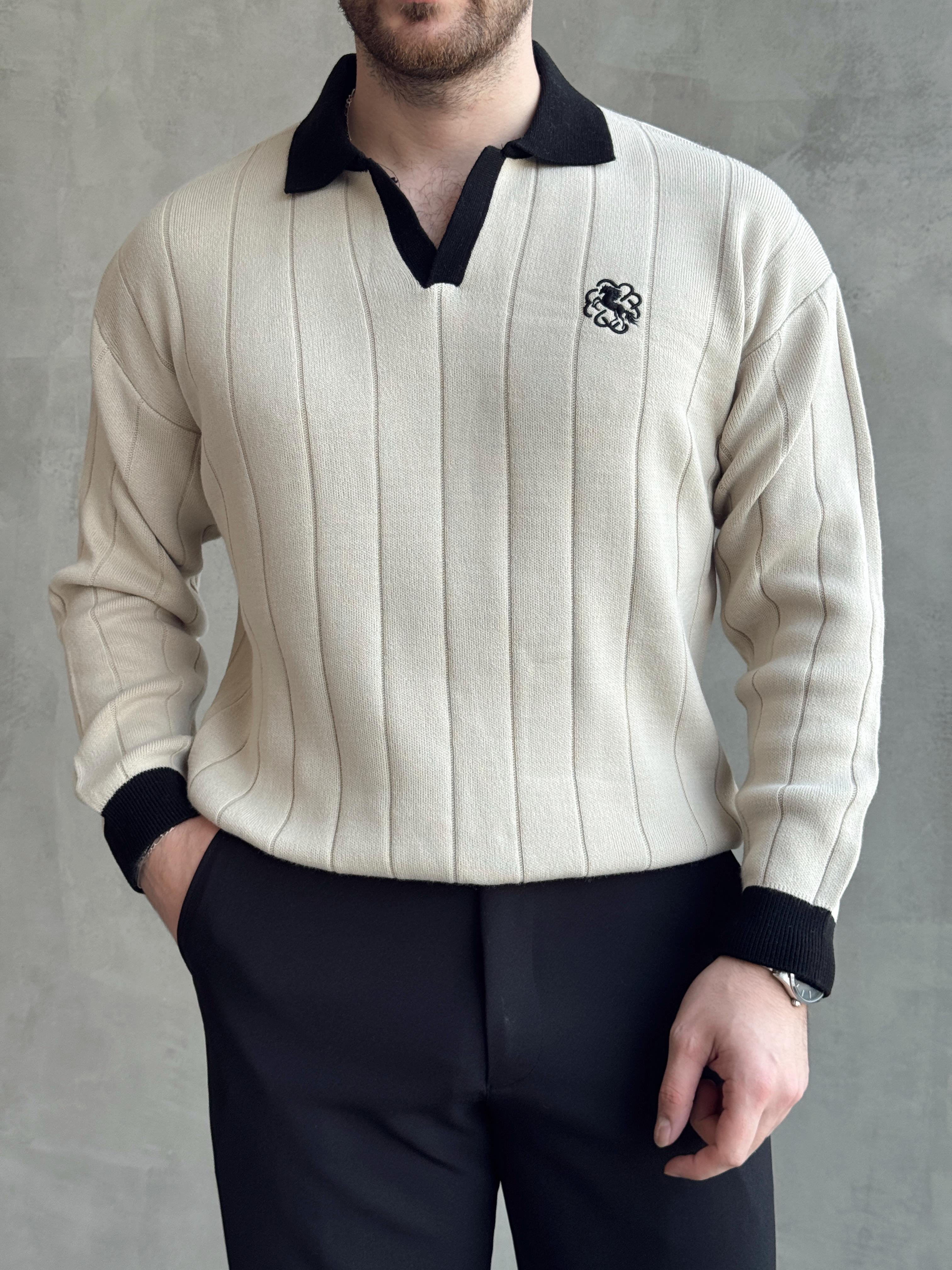 Erkek Zamansız Stil Oversize Kalıp Nakış Detaylı Polo Yaka Triko Kazak-Vizon(E1560)Ketench
