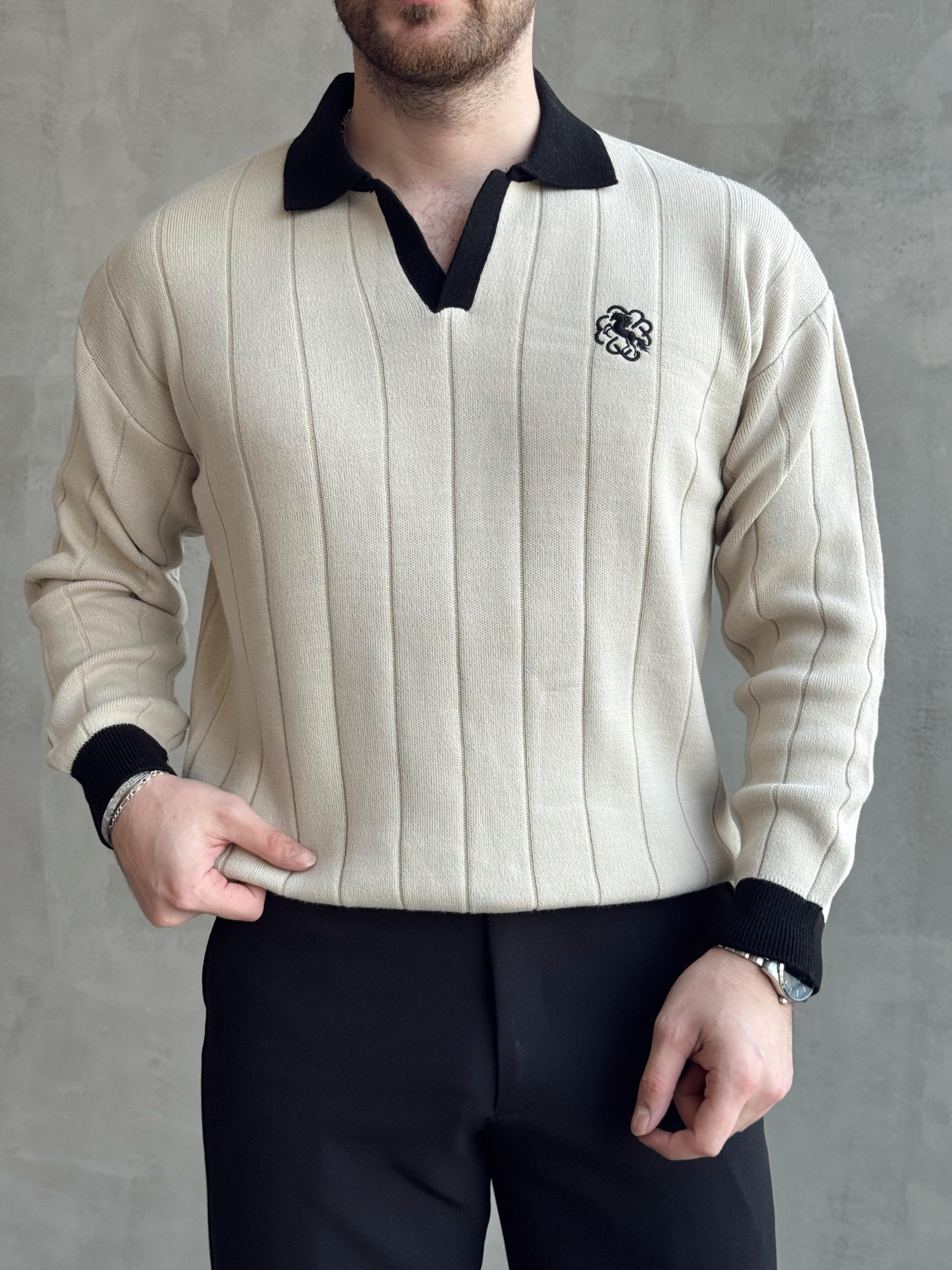 Erkek Zamansız Stil Oversize Kalıp Nakış Detaylı Polo Yaka Triko Kazak-Vizon(E1560)Ketench