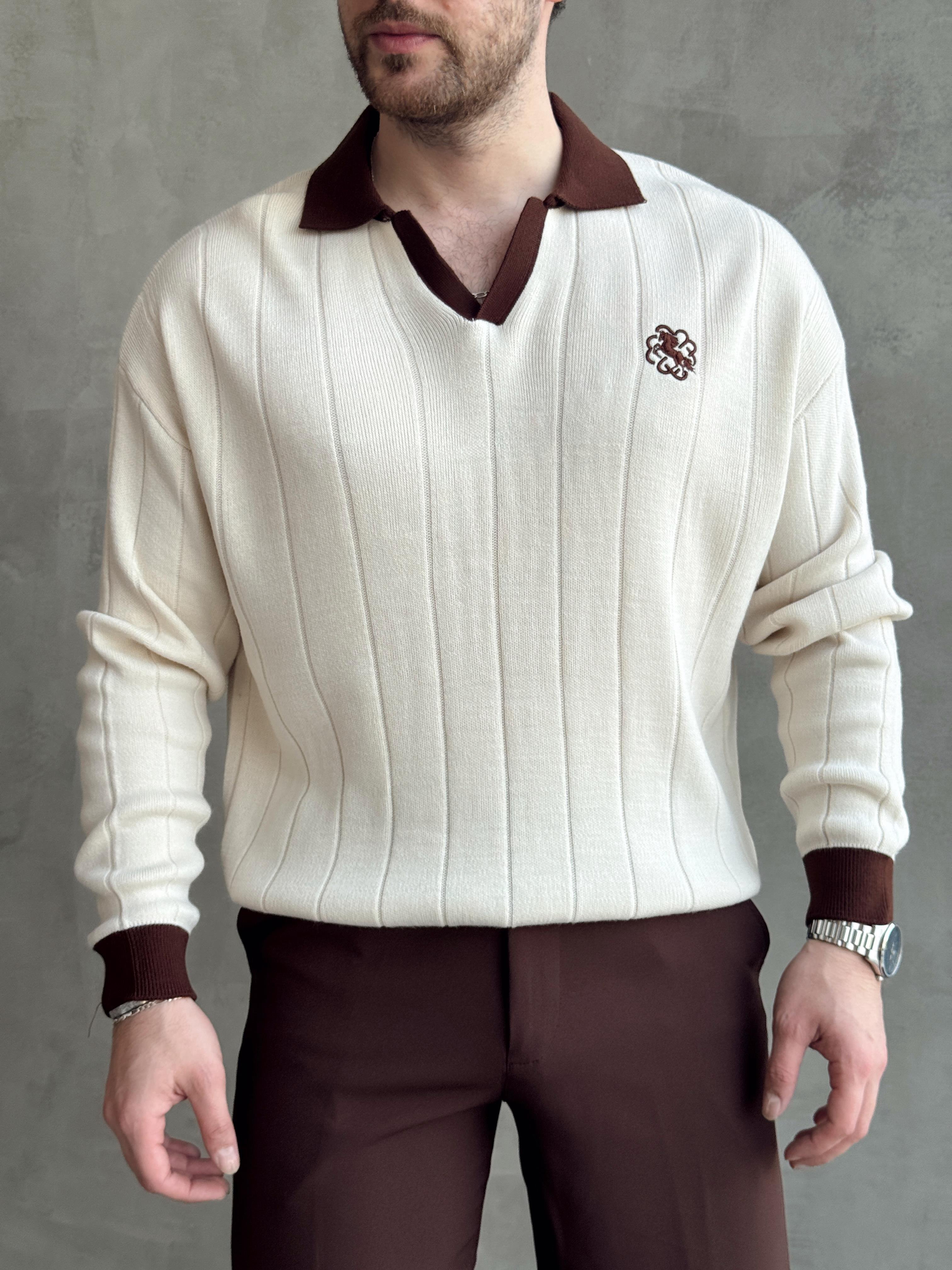 Erkek Zamansız Stil Oversize Kalıp Nakış Detaylı Polo Yaka Triko Kazak-Bej(E1560)Ketench