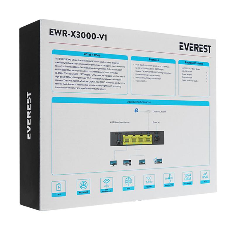 EVEREST EWR-X3000MBPS-V1 AX3000MBPS 1 WAN PORT+ 3 LAN PORT Wİ-Fİ 6 ROUTER