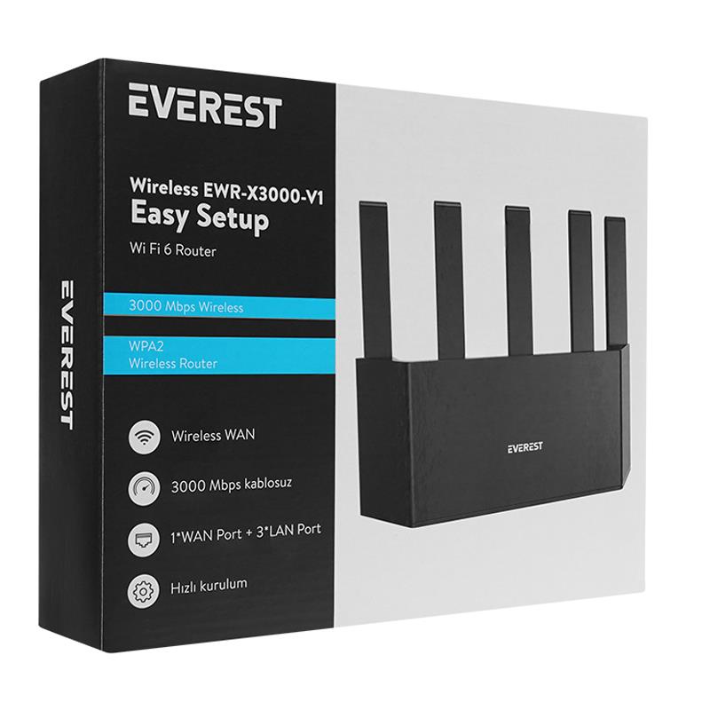 EVEREST EWR-X3000MBPS-V1 AX3000MBPS 1 WAN PORT+ 3 LAN PORT Wİ-Fİ 6 ROUTER