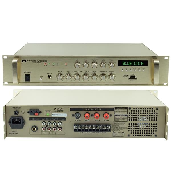 MAGICVOICE MV-150U 150W 100V/70V/4-16 OHM USB/SD/UK/BT/5 BÖLGELİ 2 MİK TRAFOLU ANFİ