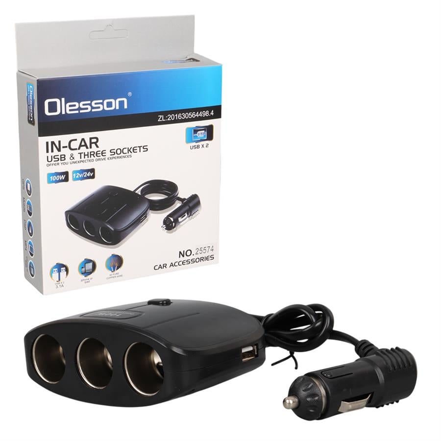 Olesson 1635 12-24V Çift USB Girişli 100W 70 CM Kablolu 3'LÜ Araç Çakmak Çoklayıcı 100x66x40mmFiyatı - Merter Elektronik