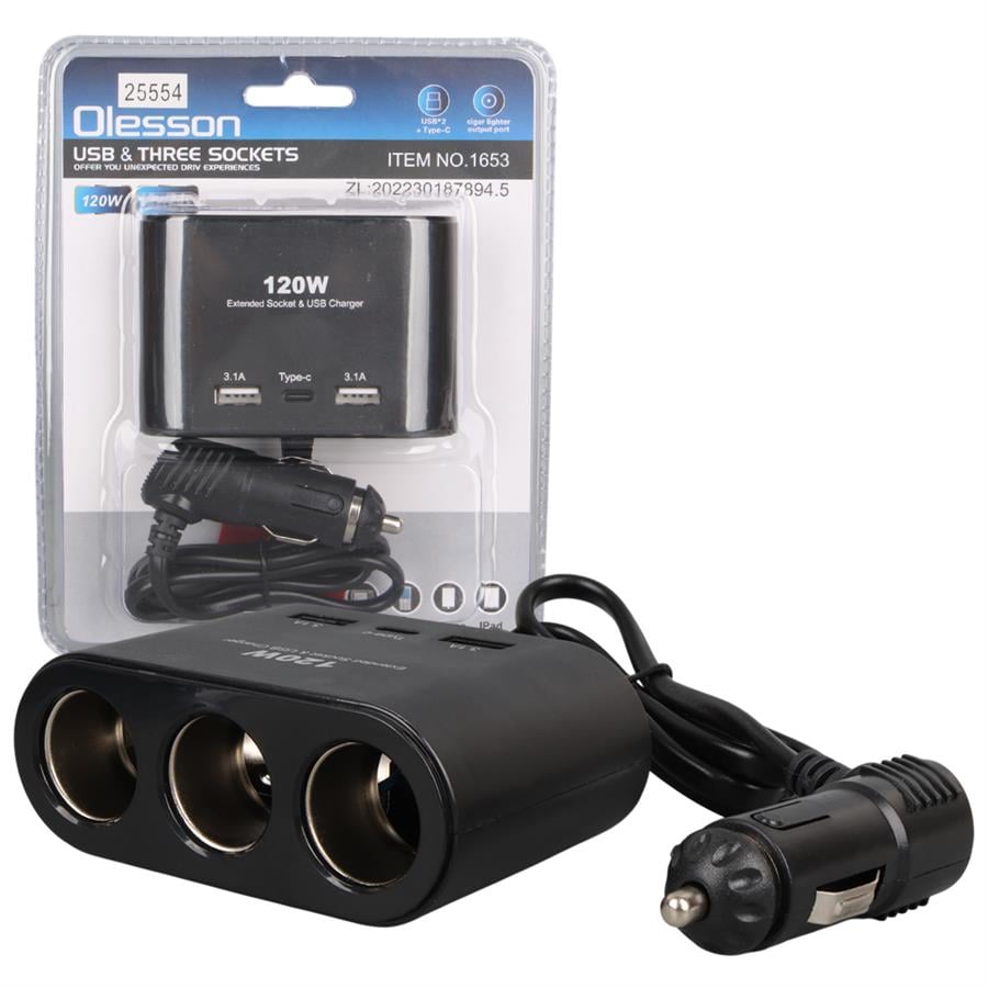 Olesson 1653 12-24V 3Lü Çift Usb + Type-C 100W 70Cm Kablolu Araç Çakmak Çoklayıcı Fiyatı - Merter Elektronik