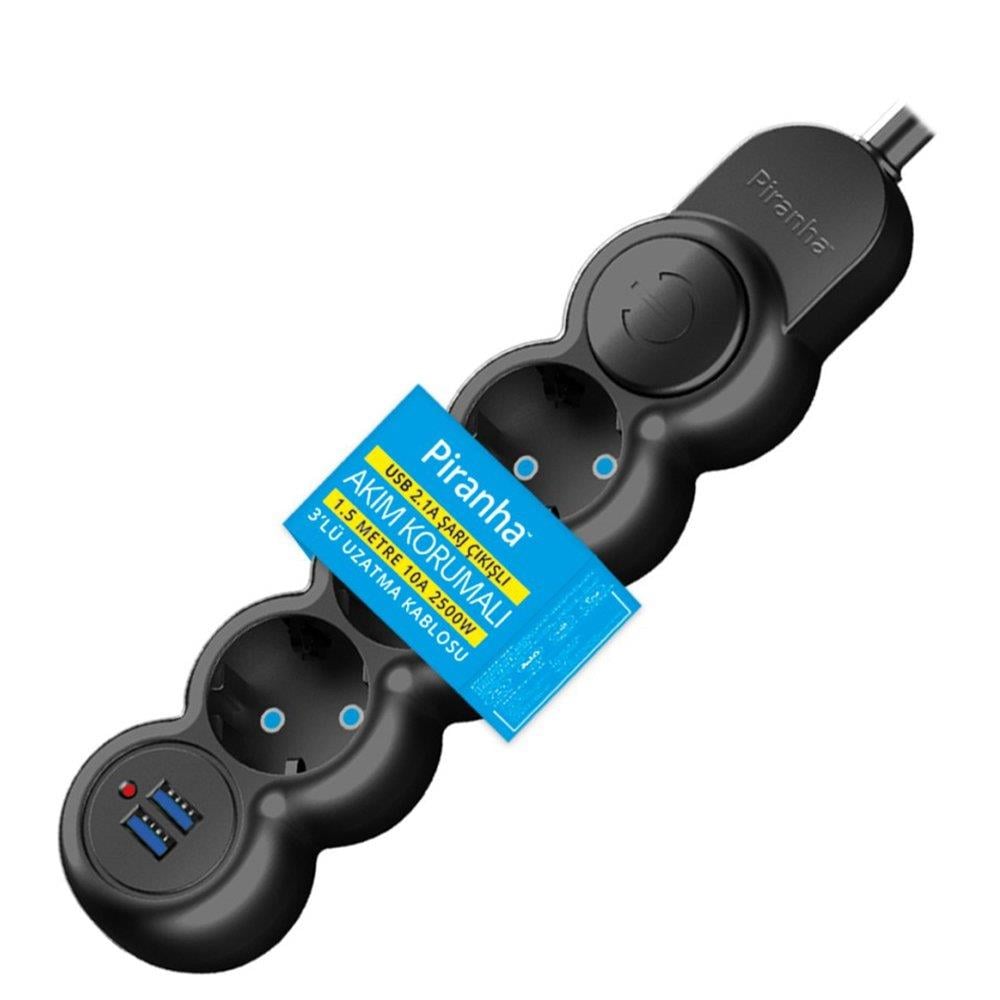 PİRANHA 3393B 3LÜ 1.5 METRE KABLOLU ANAHTARLI 2 USB ÇIKIŞLI 2.1 AMPER AKIM KORUMALI GRUP PRİZ