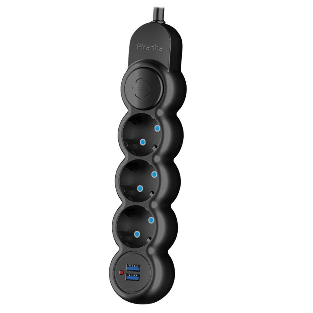 PİRANHA 3393B 3LÜ 1.5 METRE KABLOLU ANAHTARLI 2 USB ÇIKIŞLI 2.1 AMPER AKIM KORUMALI GRUP PRİZ