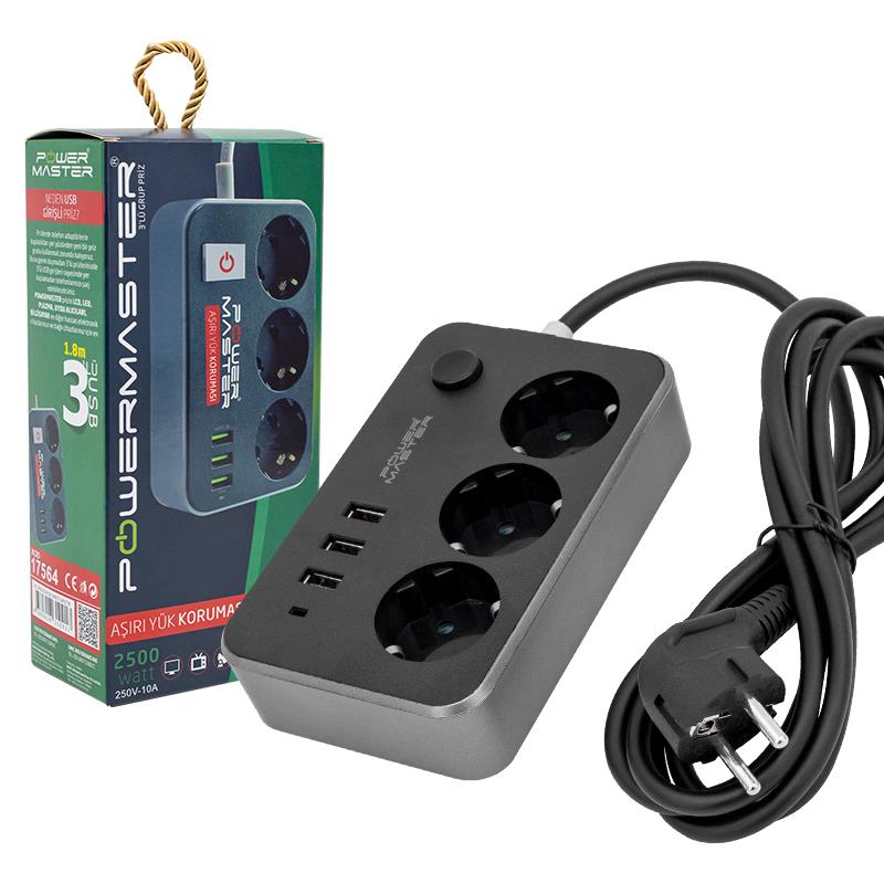 POWERMASTER PM-17564 10 AMPER - 2500 WATT 3LÜ 1.8 METRE KABLOLU 3 USBLİ AKIM KORUMALI PRİZ