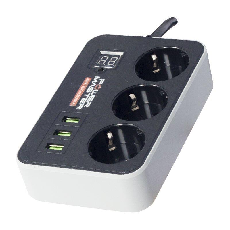 POWERMASTER PM-18530 3LÜ 1.8 METRE KABLOLU DİJİTAL EKRANLI 3 USBLİ ZAMAN AYARLI SİYAH AKIM KORUMALI PRİZ