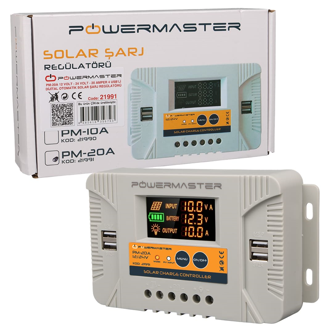 Powermaster PM-20A 12V-24V 20A 4 Usb'li Dijital Otomatik Solar Şarj Regülatörü Fiyatı - Merter Elektronik