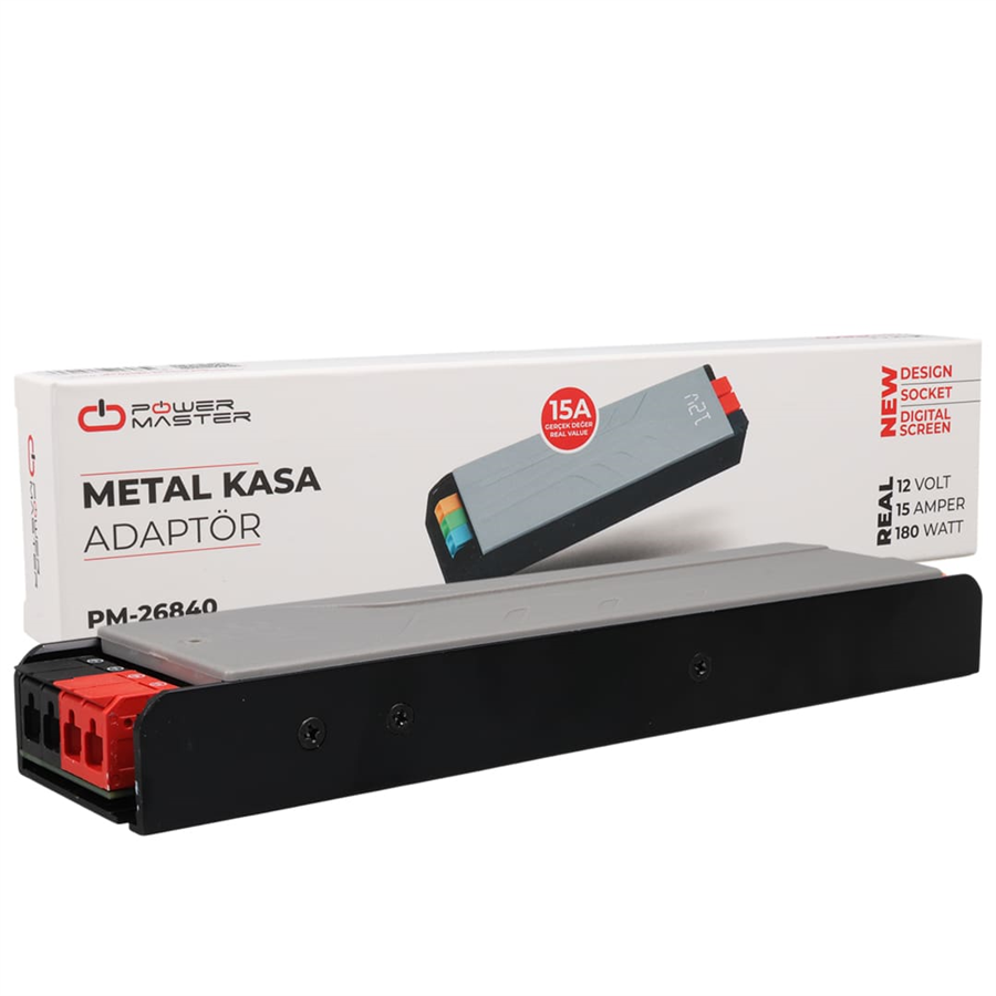 PowerMaster PM-26840 12 Volt 15 Amper 180 Watt Slim Metal Kasa Adaptör Voltaj Göstergeli 218x51x27mm Fiyatı - Merter Elektronik