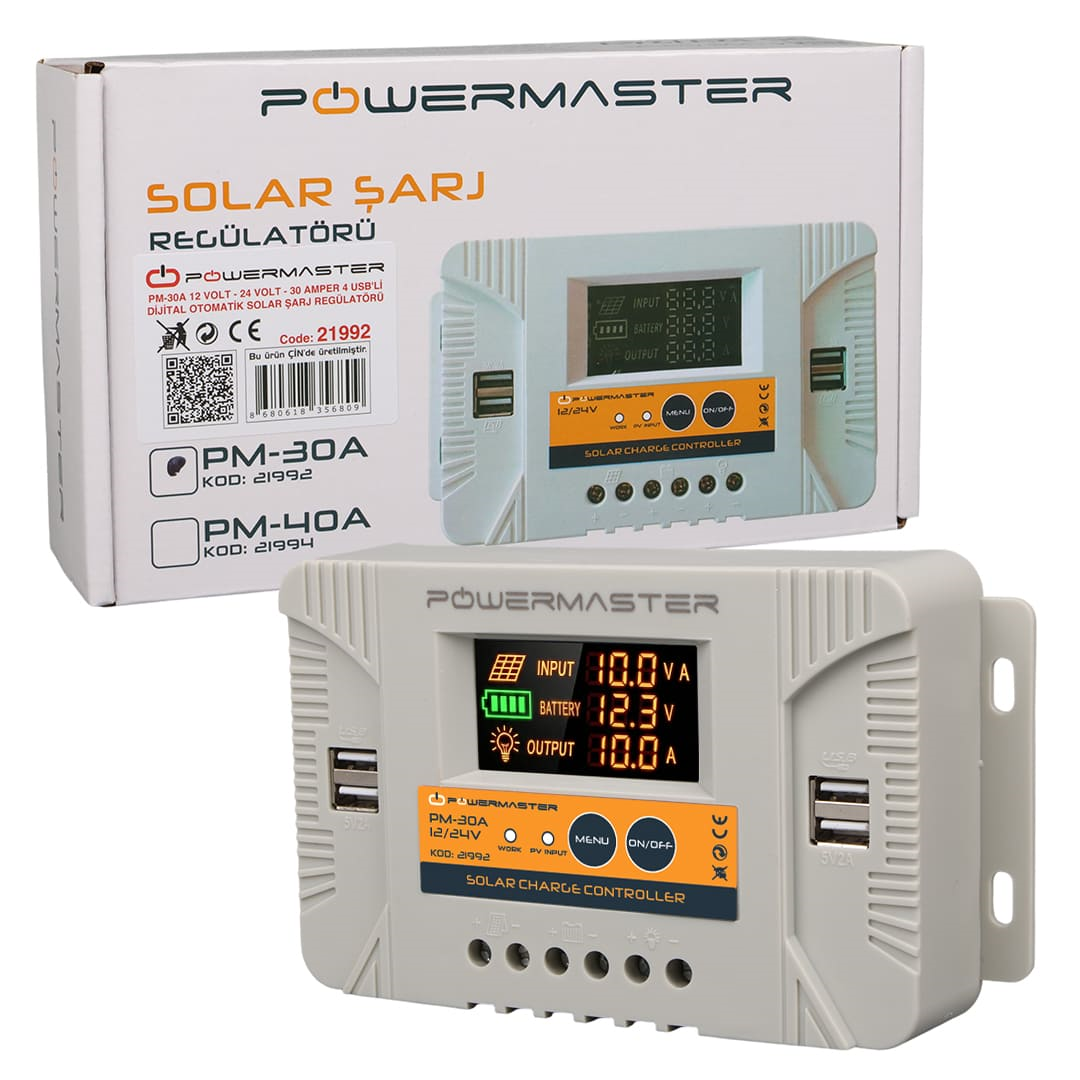 Powermaster PM-30A 12V-24V 30A 4 Usb'li Dijital Otomatik Solar Şarj Regülatörü Fiyatı - Merter Elektronik