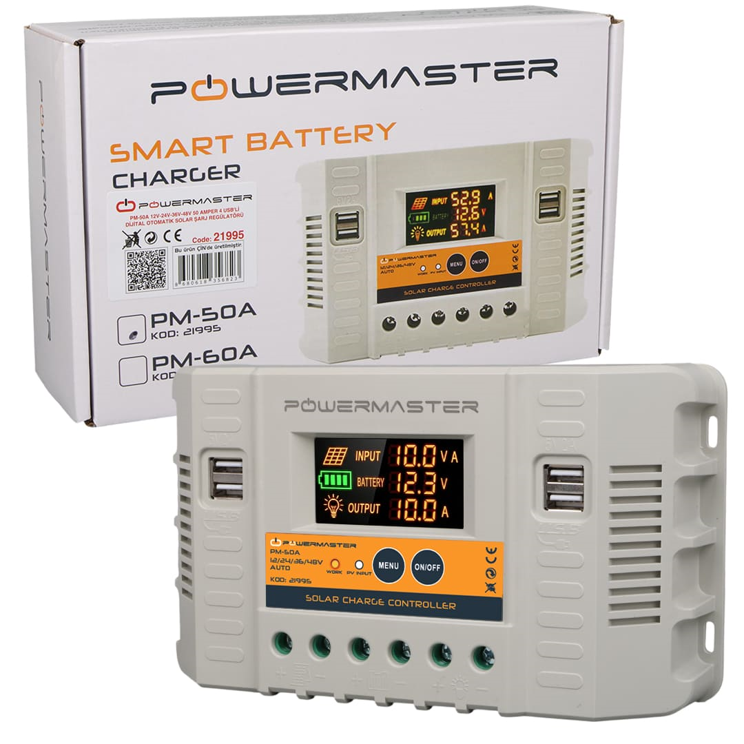 Powermaster PM-50A 12V-24V-36V-48V 50A 4 Usb'li Dijital Otomatik Solar Şarj Regülatörü Fiyatı - Merter Elektronik