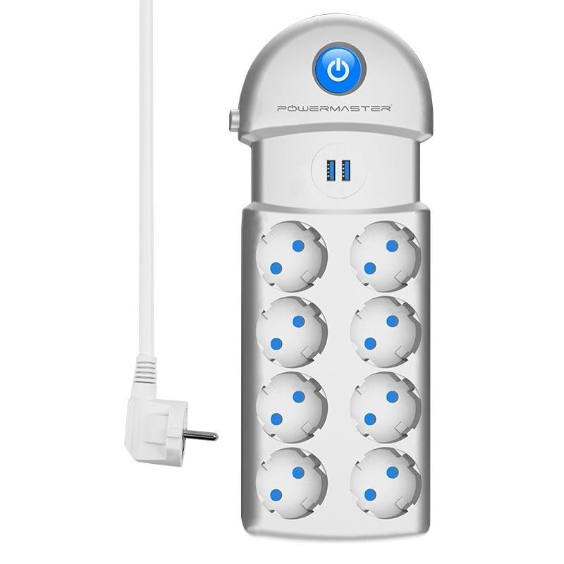 POWERMASTER PM-6121 8Lİ 2 METRE 3X1.5 BAKIR KABLO 2 USBLİ ISIYA DAYANIKLI TERMAL AKIM KORUMALI PRİZ