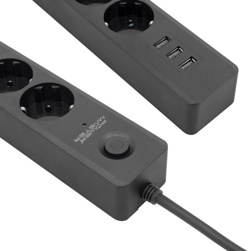 POWERMASTER PM-7747 10 AMPER - 2500 WATT 4LÜ 1.5 METRE KABLOLU 3 USBLİ TERMAL AKIM KORUMALI GRUP PRİZ