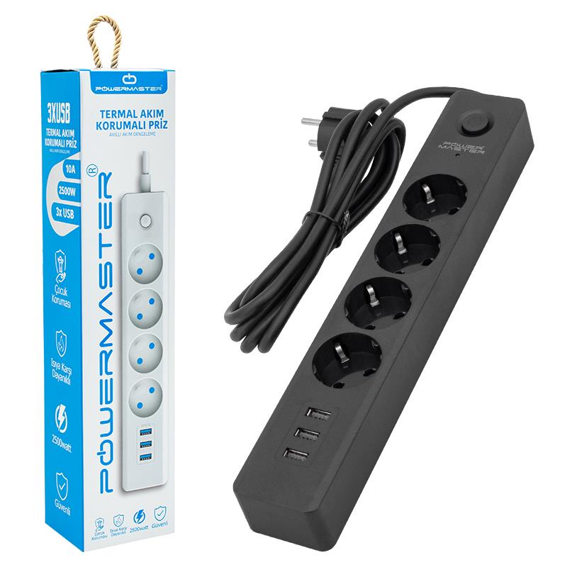 POWERMASTER PM-7747 10 AMPER - 2500 WATT 4LÜ 1.5 METRE KABLOLU 3 USBLİ TERMAL AKIM KORUMALI GRUP PRİZ