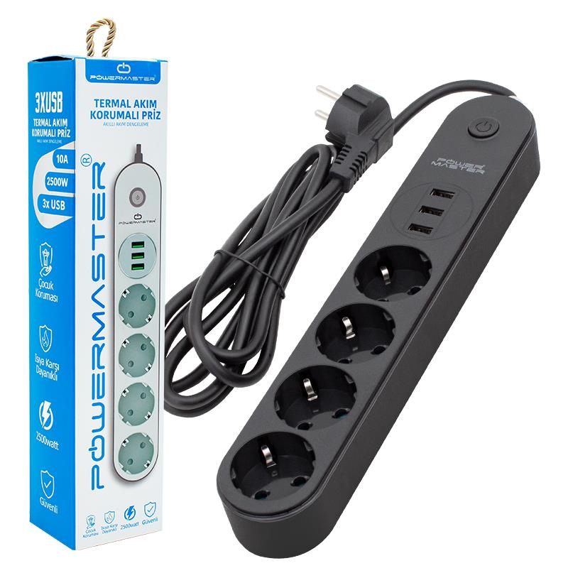 POWERMASTER PM-7748 10 AMPER - 2500 WATT 4LÜ 1.5 METRE KABLOLU 3 USBLİ TERMAL AKIM KORUMALI OVAL KASA GRUP PRİZ