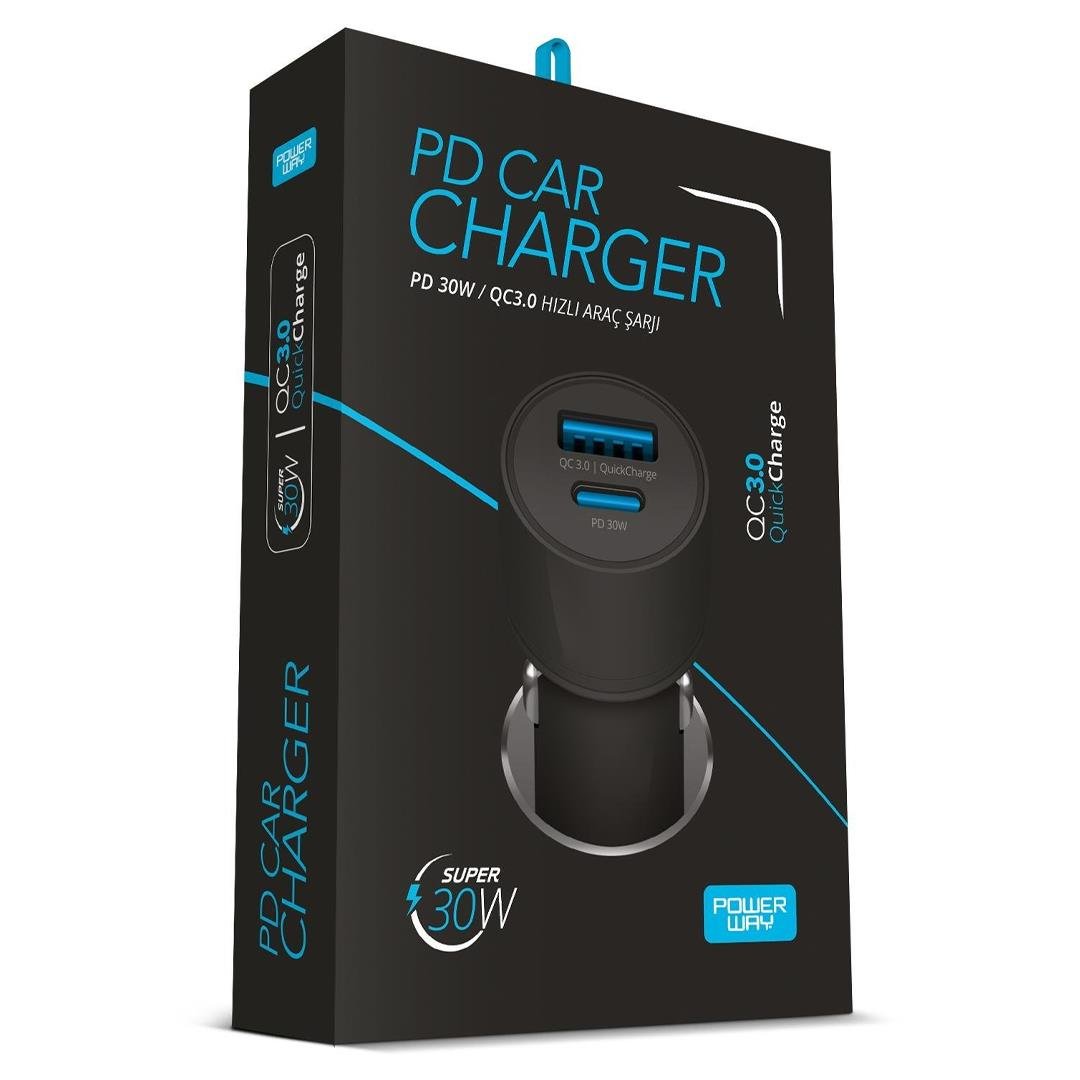 POWERWAY CC34 TPYE-C+USB HIZLI ARAÇ ŞARJ ALETİ (PD30W) Fiyatı - Merter Elektronik