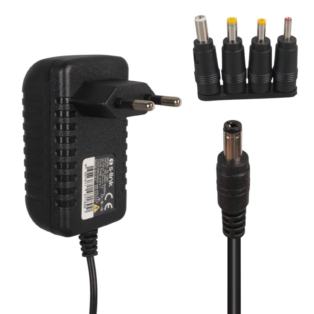 S-LINK SL-126C 12 VOLT 1 AMPER 1.2 MT KABLOLU 5.5*2.5 +  4 UÇLU UNIVERSAL  ADAPTÖR Fiyatı - Merter Elektronik