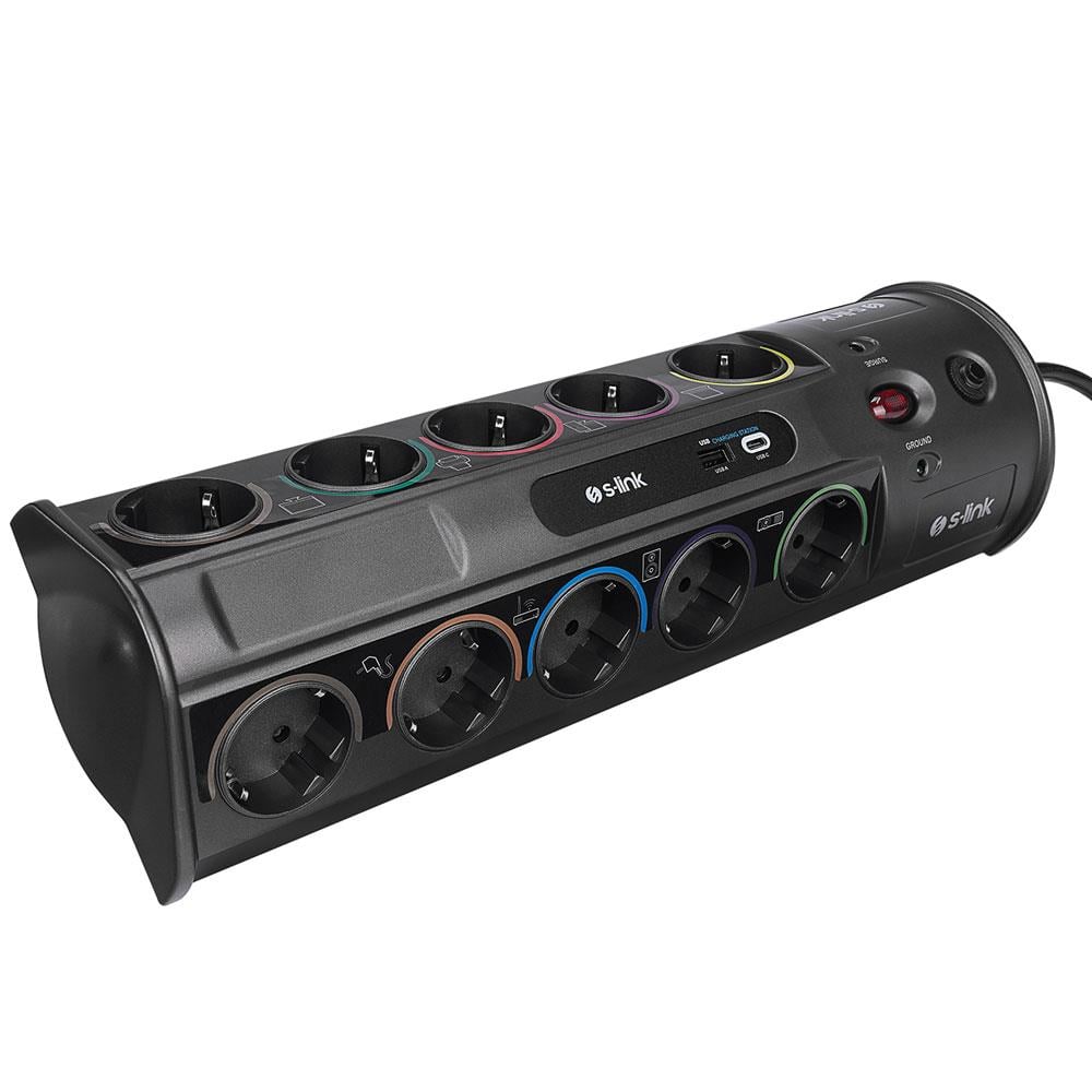 S-LINK SP10AF 1860 JOULE ANAHTARLI USB + TYPE-C GİRİŞLİ 10LU 3 METRE KABLOLU AKIM KORUMALI PRİZ