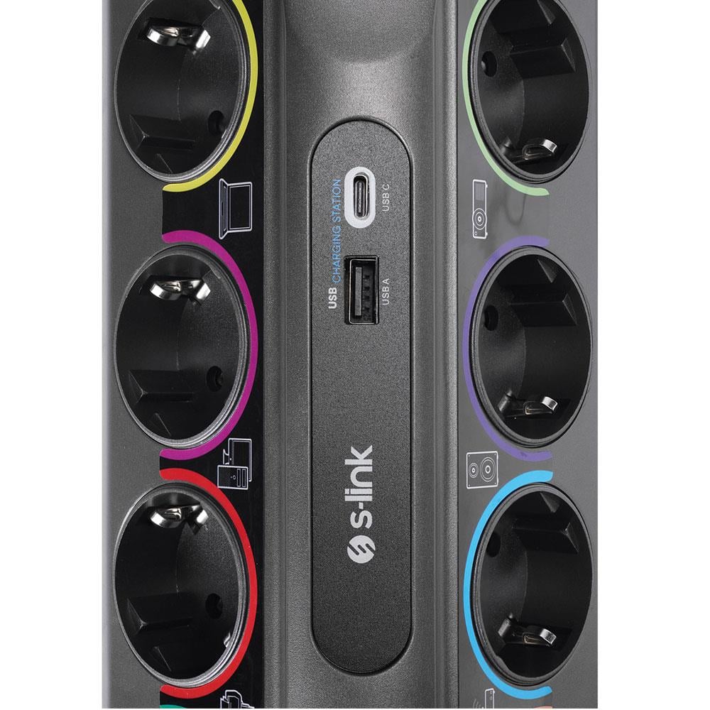 S-LINK SP10AF 1860 JOULE ANAHTARLI USB + TYPE-C GİRİŞLİ 10LU 3 METRE KABLOLU AKIM KORUMALI PRİZ