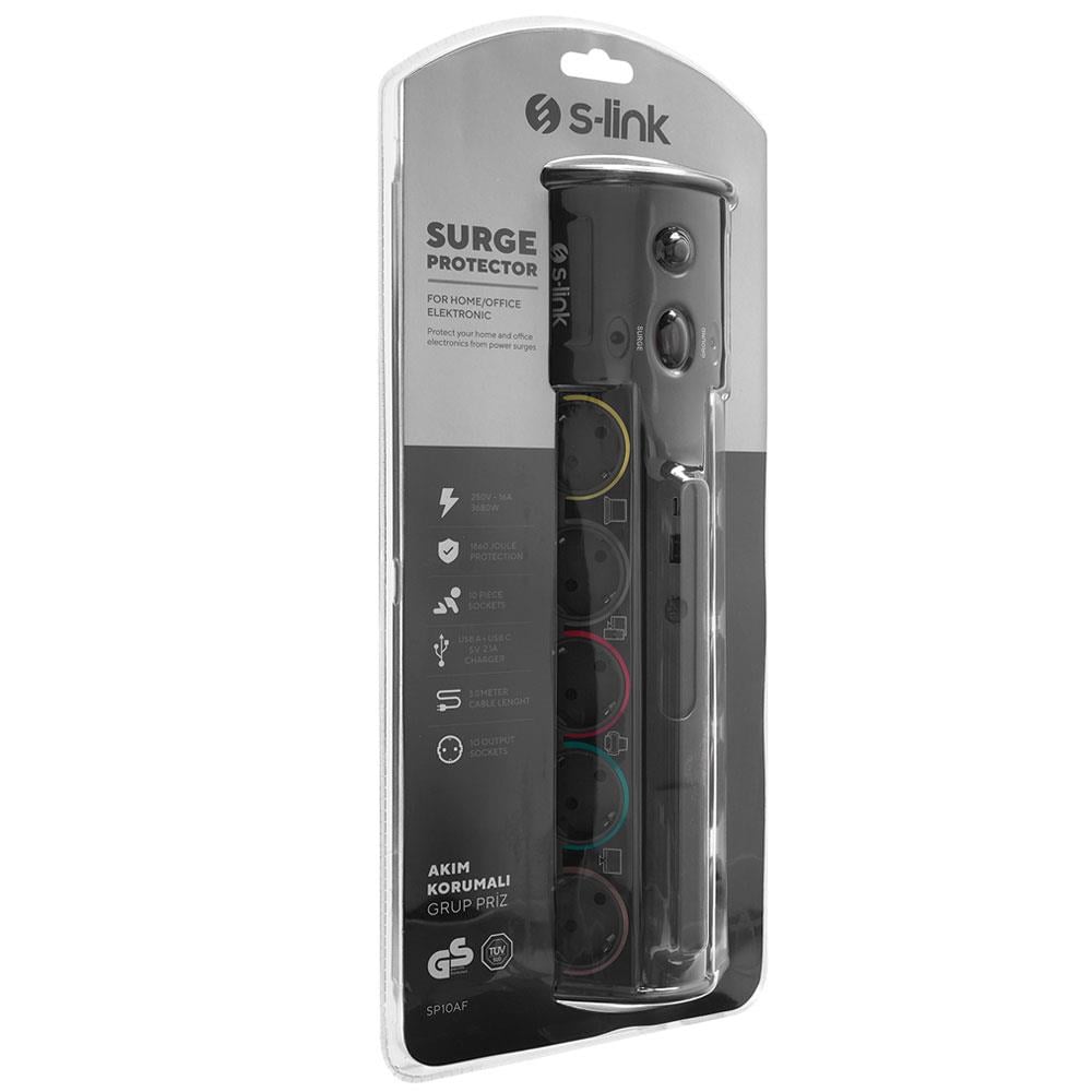 S-LINK SP10AF 1860 JOULE ANAHTARLI USB + TYPE-C GİRİŞLİ 10LU 3 METRE KABLOLU AKIM KORUMALI PRİZ