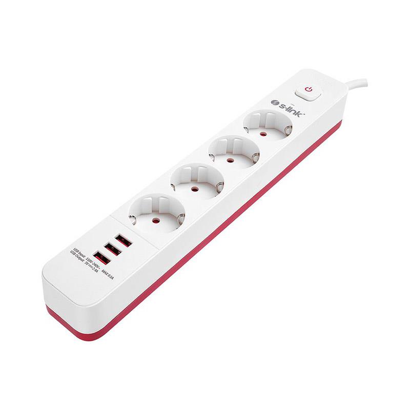 S-LINK SPG403U 4LÜ 1.5 METRE KABLOLU 750 JOULE 3X5 VOLT - 2.4 AMPER USBLİ ANAHTARLI AKIM KORUMALI PRİZ