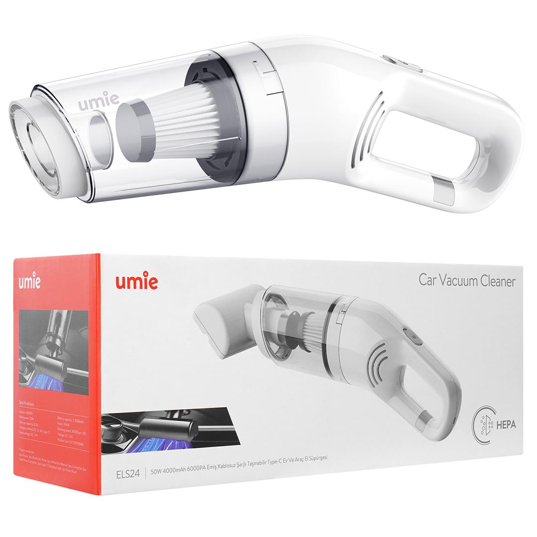 UMIE ELS24 BEYAZ 50W 4000MAH 6000PA EMİŞ KABLOSUZ ŞARJLI TAŞINABİLİR TYPE-C EV VE ARAÇ EL SÜPÜRGESİ