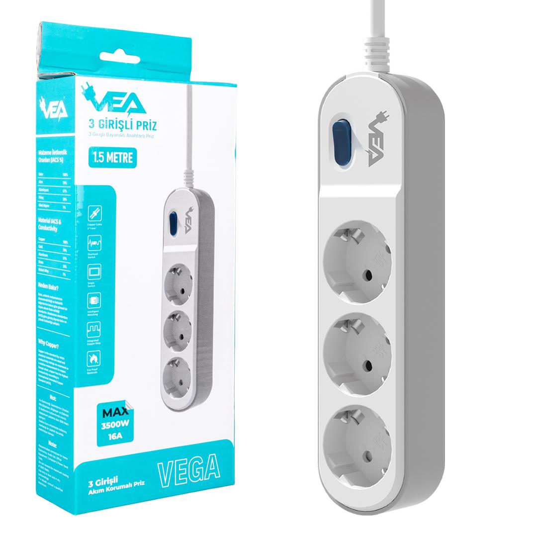 VEA VE-VEGA103 A CLASS 3LÜ ANAHTARLI 1.5 METRE AKIM KORUMALI GRUP PRİZ (MADE IN MALAYSIA)