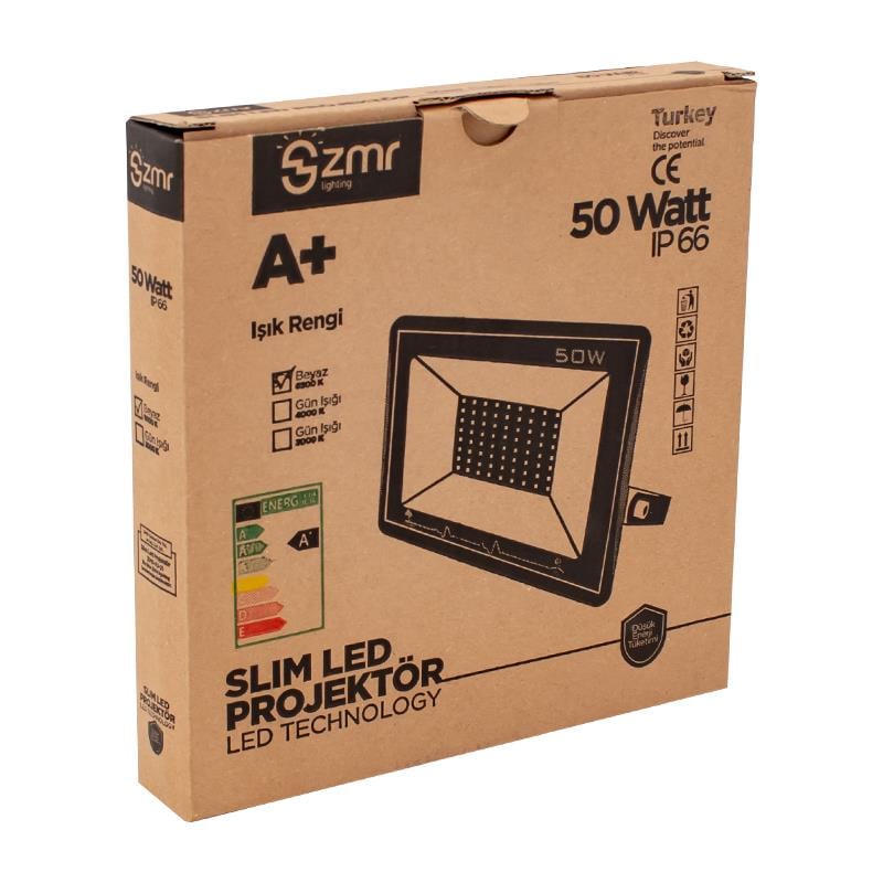 ZMR 50 WATT - 220 VOLT 6500K IP66 150* IŞIK AÇISI DRIVERSIZ BEYAZ SLİM KASA LED PROJEKTÖR