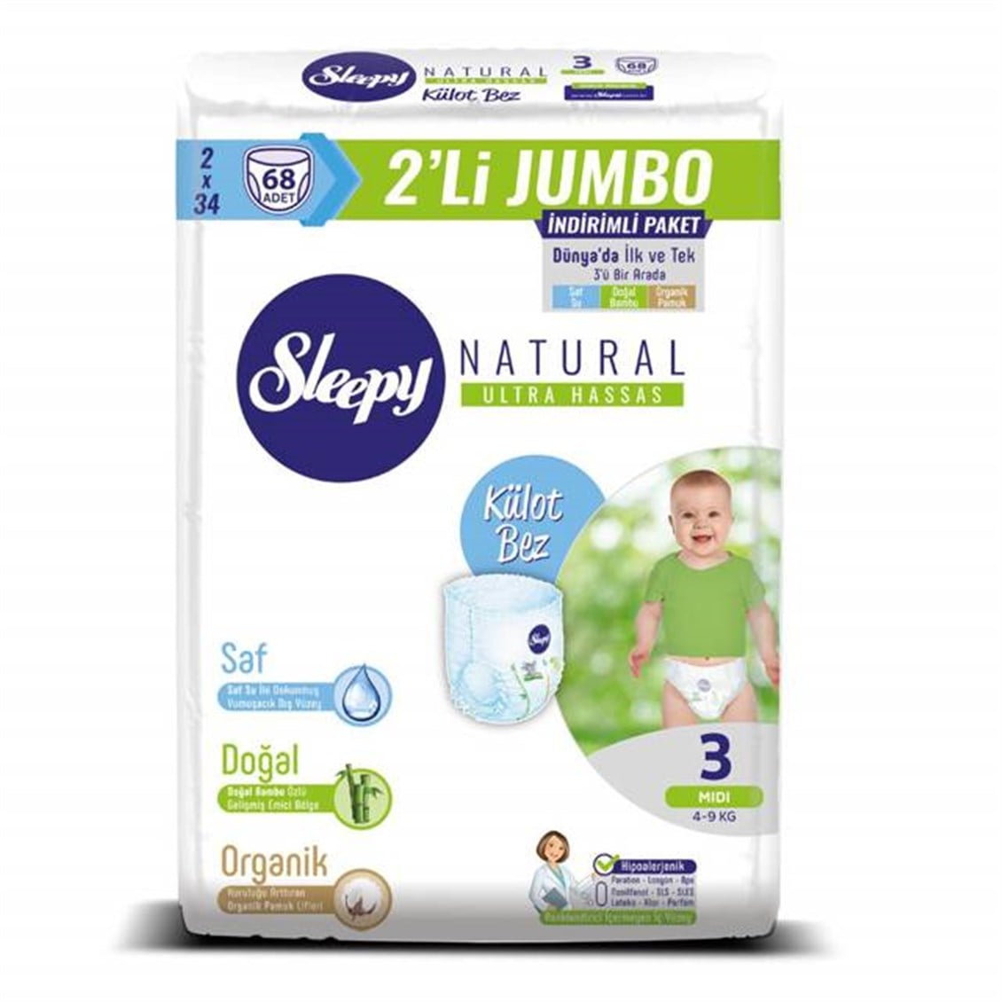 Sleepy Natural 3 Numara Midi 68'li Jumbo Paket Külot Bez