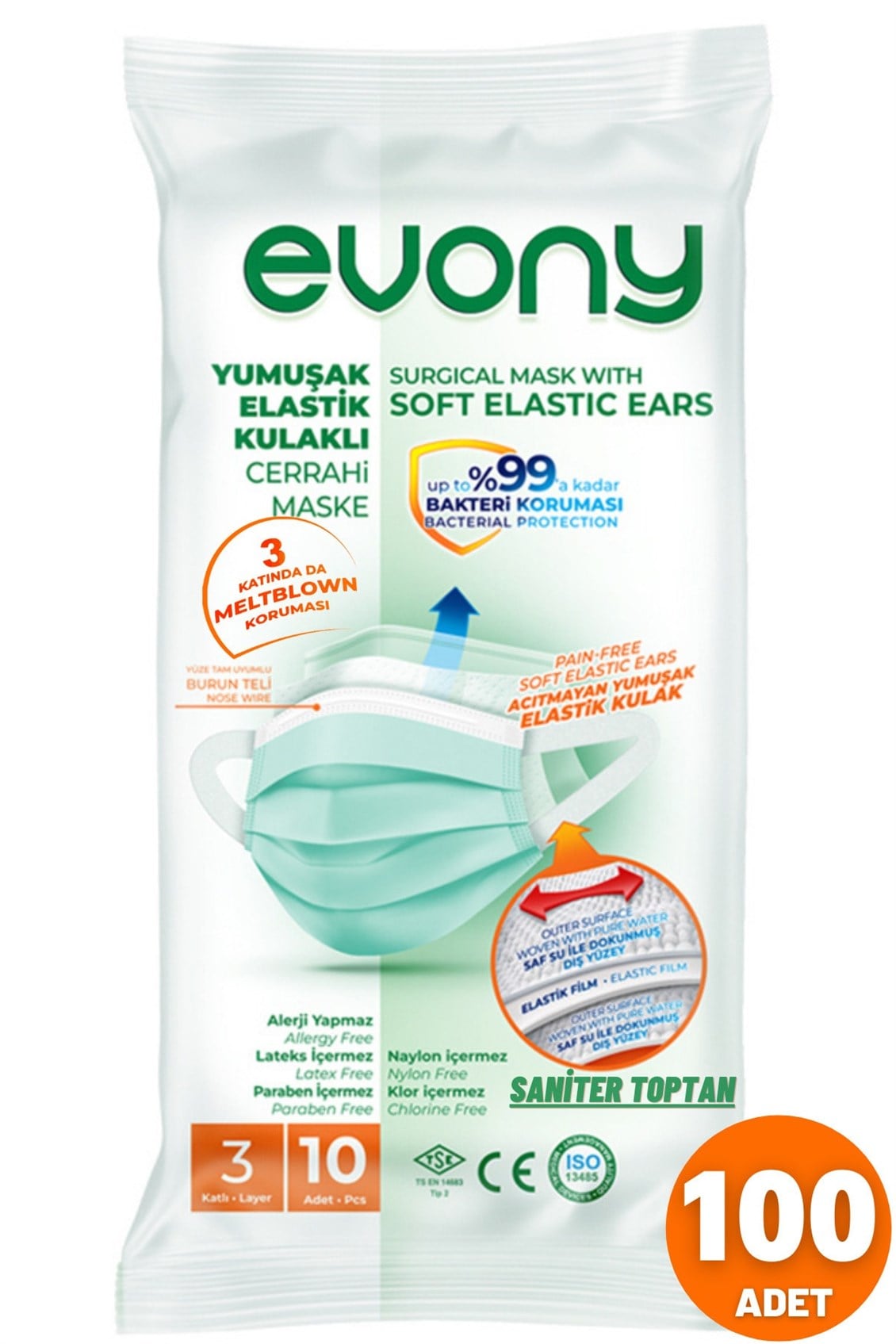 Evony Cerrahi Maske 10 Lu 10 Paket = 100 Adet Hayat Kimya Logolu Ürün