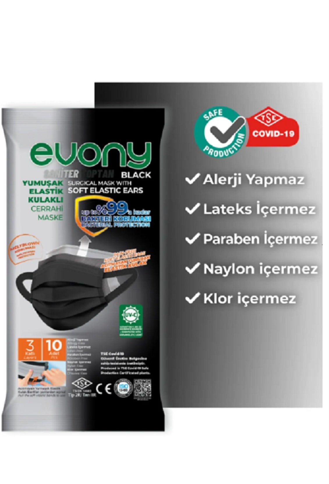Evony Siyah Elastik Kulaklıklı Cerrahi Maske 10 Lu 2 Pk = 20 Adet