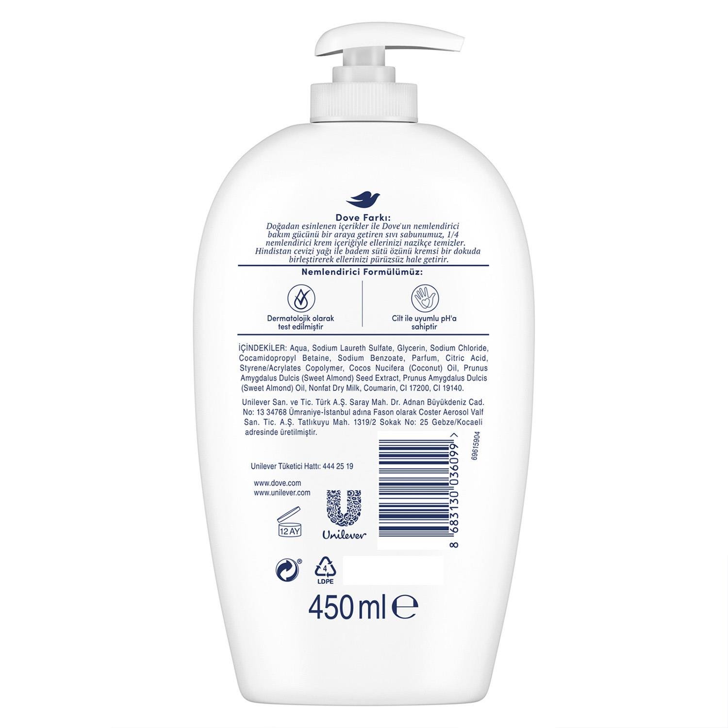 Dove Nemlendirici Sıvı Sabun Hindistan Cevizi Yağı Ve Badem Sütü Özü 450 ml