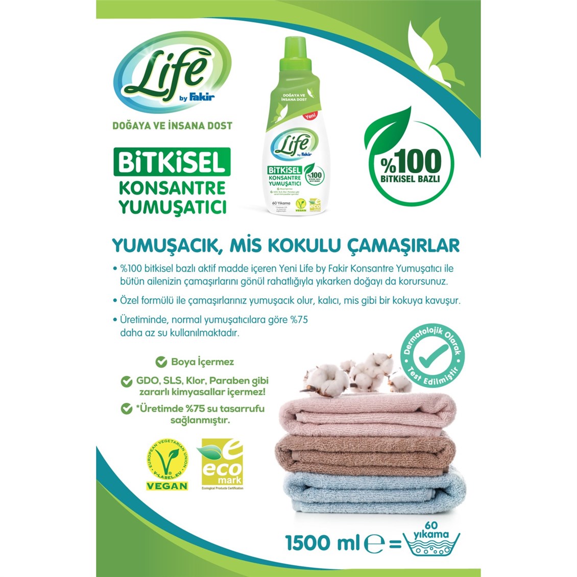 Life by Fakir Bitkisel Bazlı Konsantre Çamaşır Yumuşatıcısı 1500 ml 