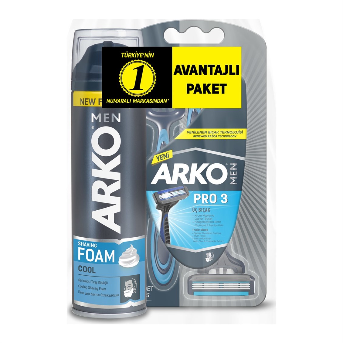 Arko Men T3 Pro 3 Bıçaklı Tıraş Bıçağı 3'lü & Cool Tıraş Köpüğü 200 ml Avantaj Paketi