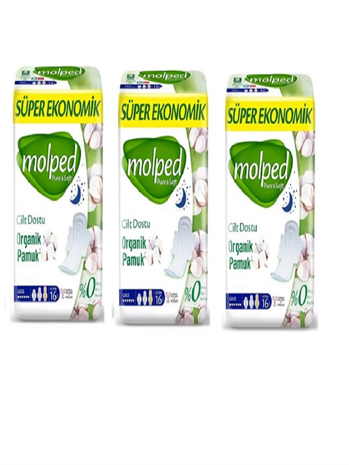 Molped Pure & Soft Gece Süper Ekonomik Hijyenik Ped 16'lı X 3 Adet
