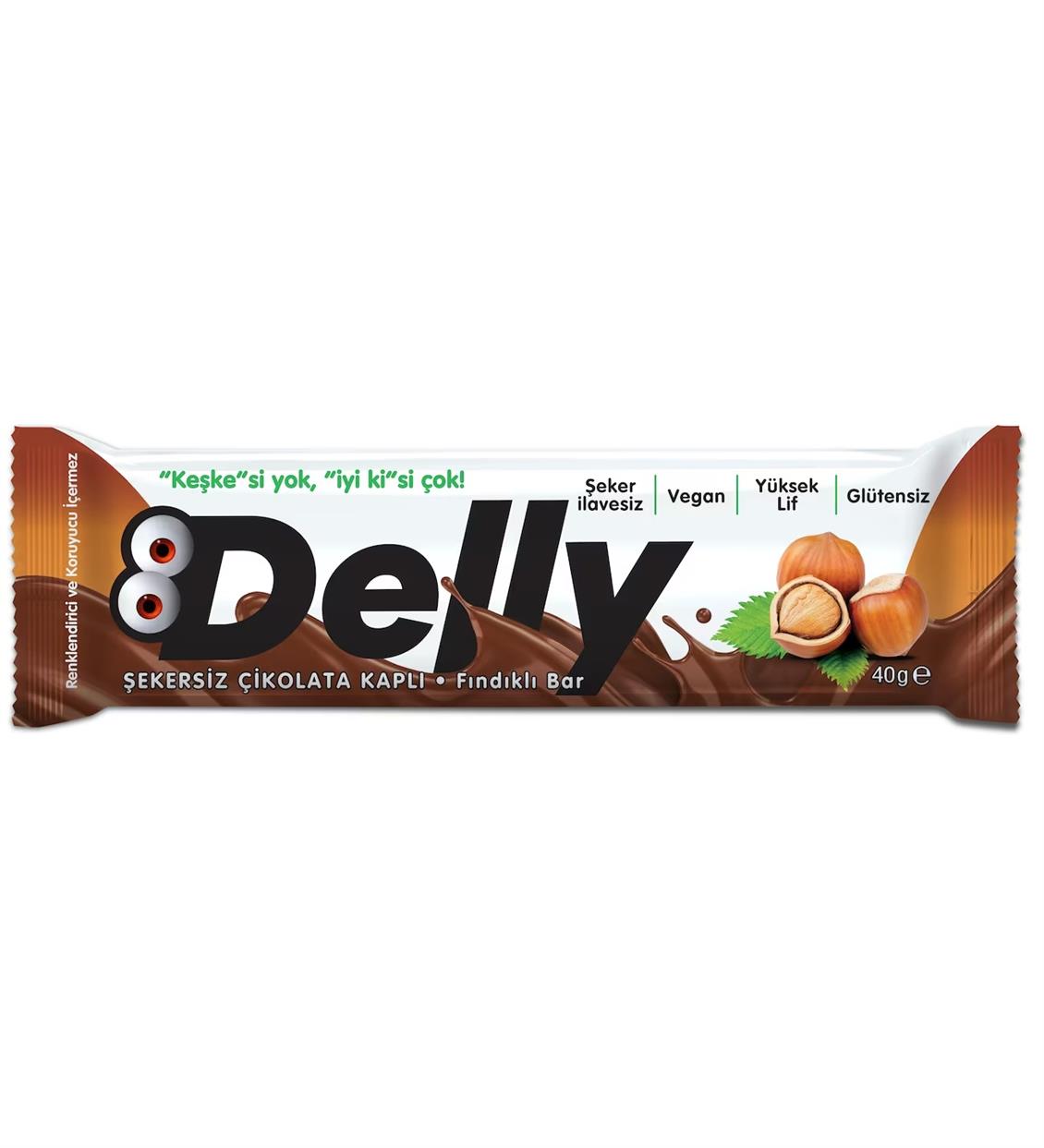 Delly Şekersiz Çikolata Kaplı Fındıklı Bar 40 gr