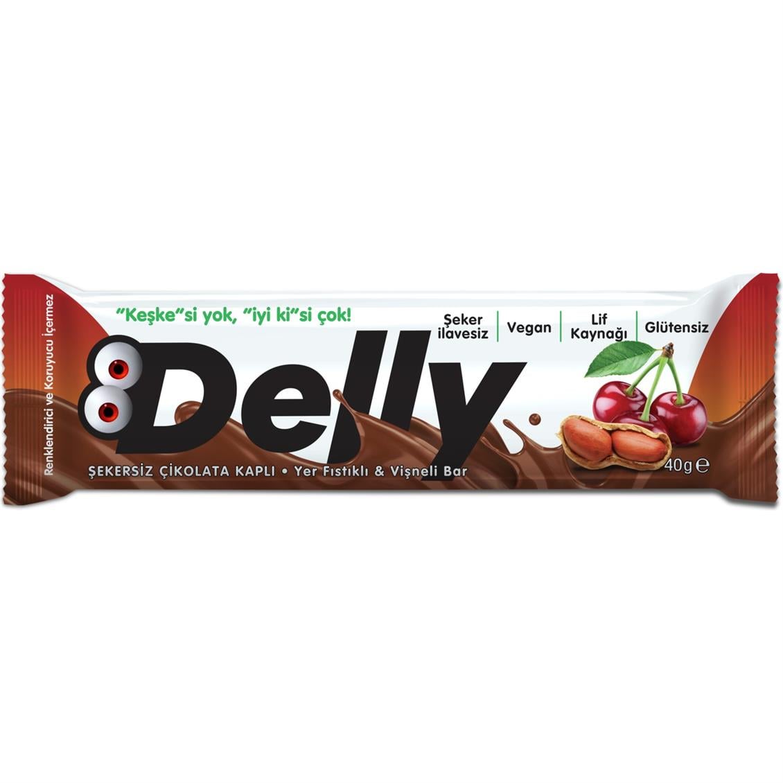 Delly Şekersiz Çikolata Kaplı-Yer Fıstıklı & Vişneli Bar 40 gr