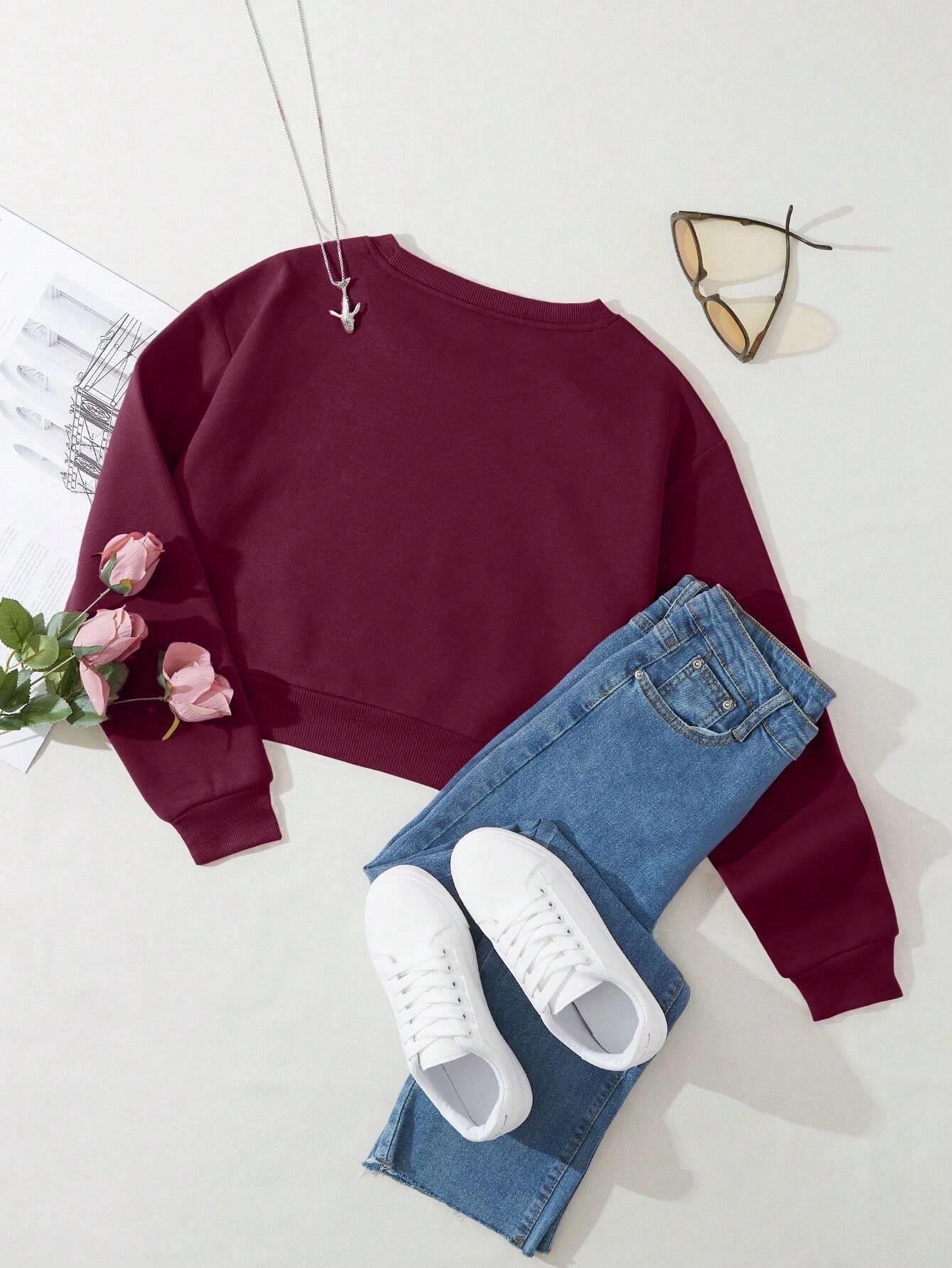 Kadın Basic Crop İçi Polarlı Oversize Sweatshirt - BORDO