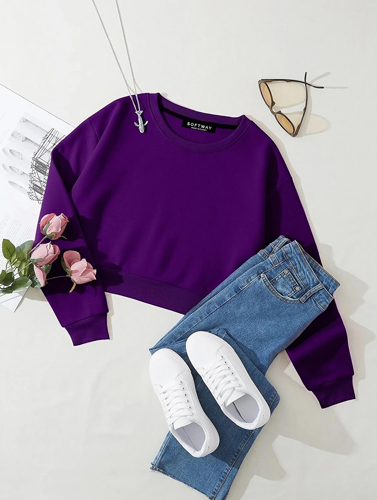 Kadın Basic Crop İçi Polarlı Oversize Sweatshirt - MOR
