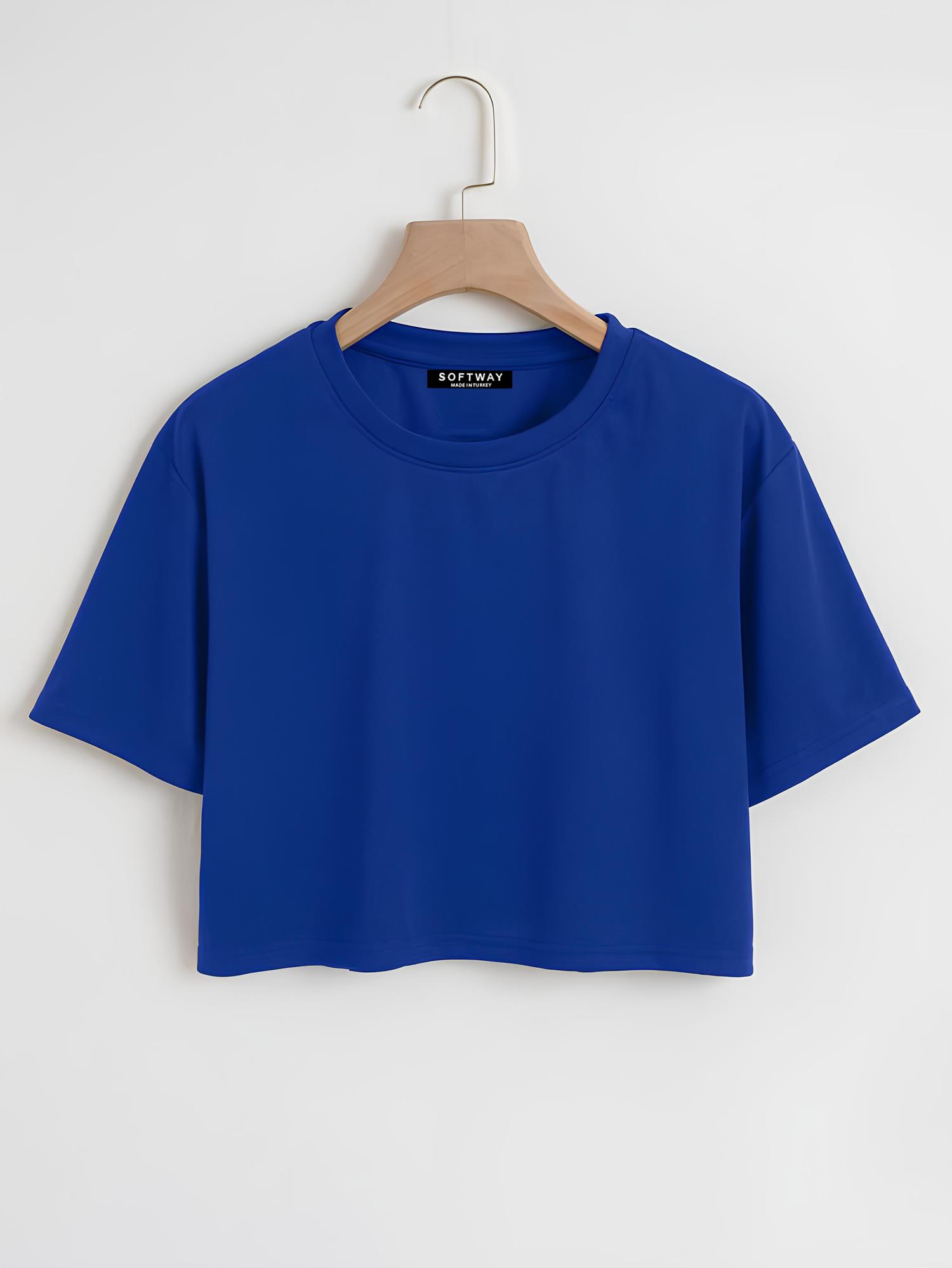 Kadın Oversize Bisiklet Yaka Düz Crop T-shirt - SAKS MAVİSİ