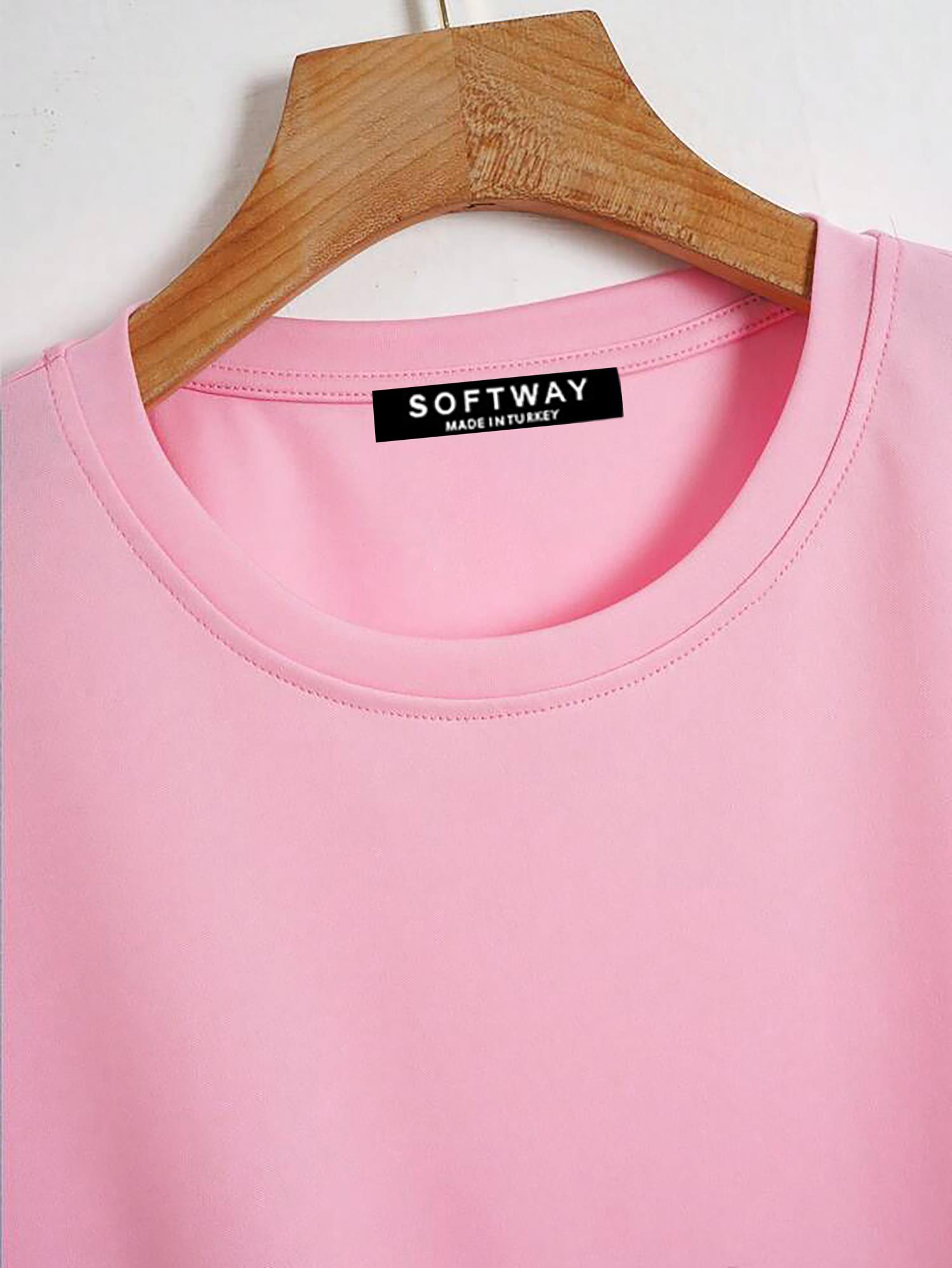 Kadın Oversize Bisiklet Yaka Düz Crop T-shirt - PEMBE