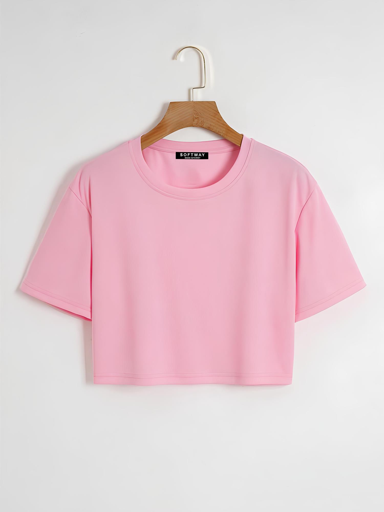 Kadın Oversize Bisiklet Yaka Düz Crop T-shirt - PEMBE