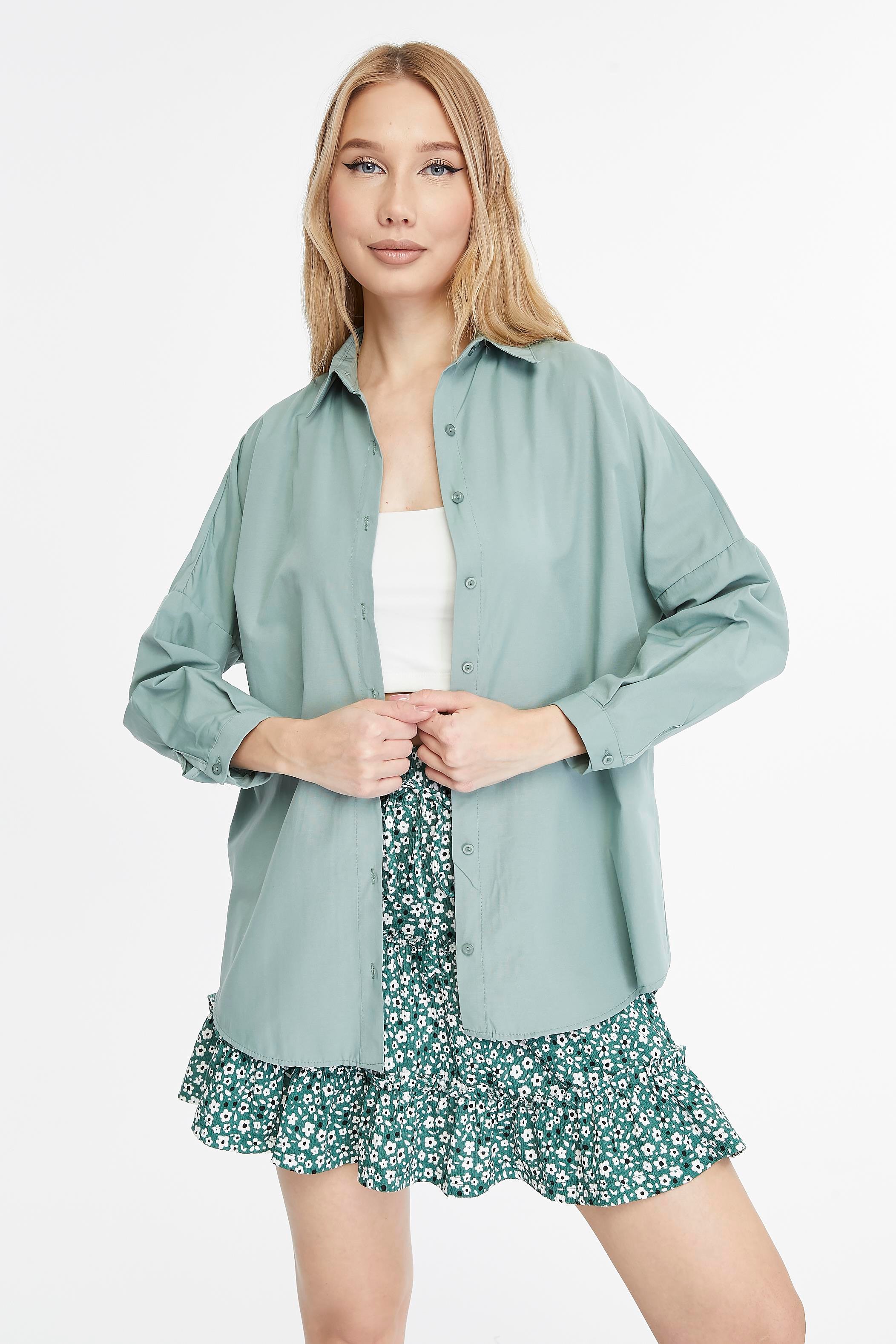 Kadın Oversize Uzun Basic Gömlek - ÇAĞLA YEŞİLİ