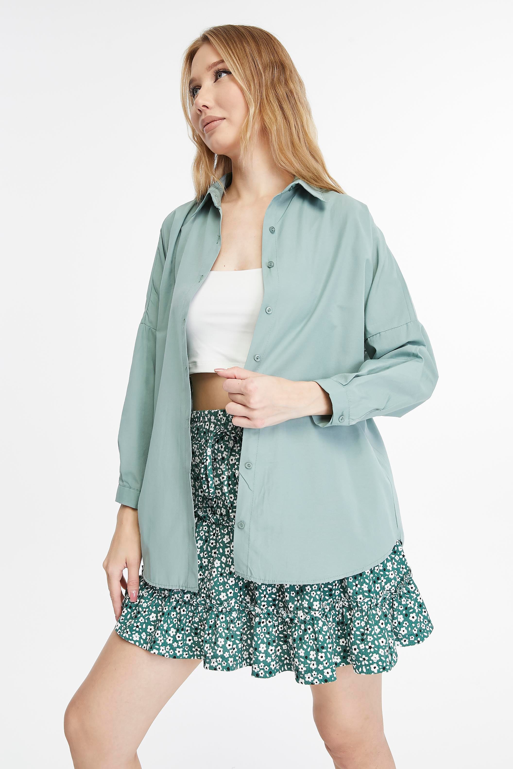 Kadın Oversize Uzun Basic Gömlek - ÇAĞLA YEŞİLİ