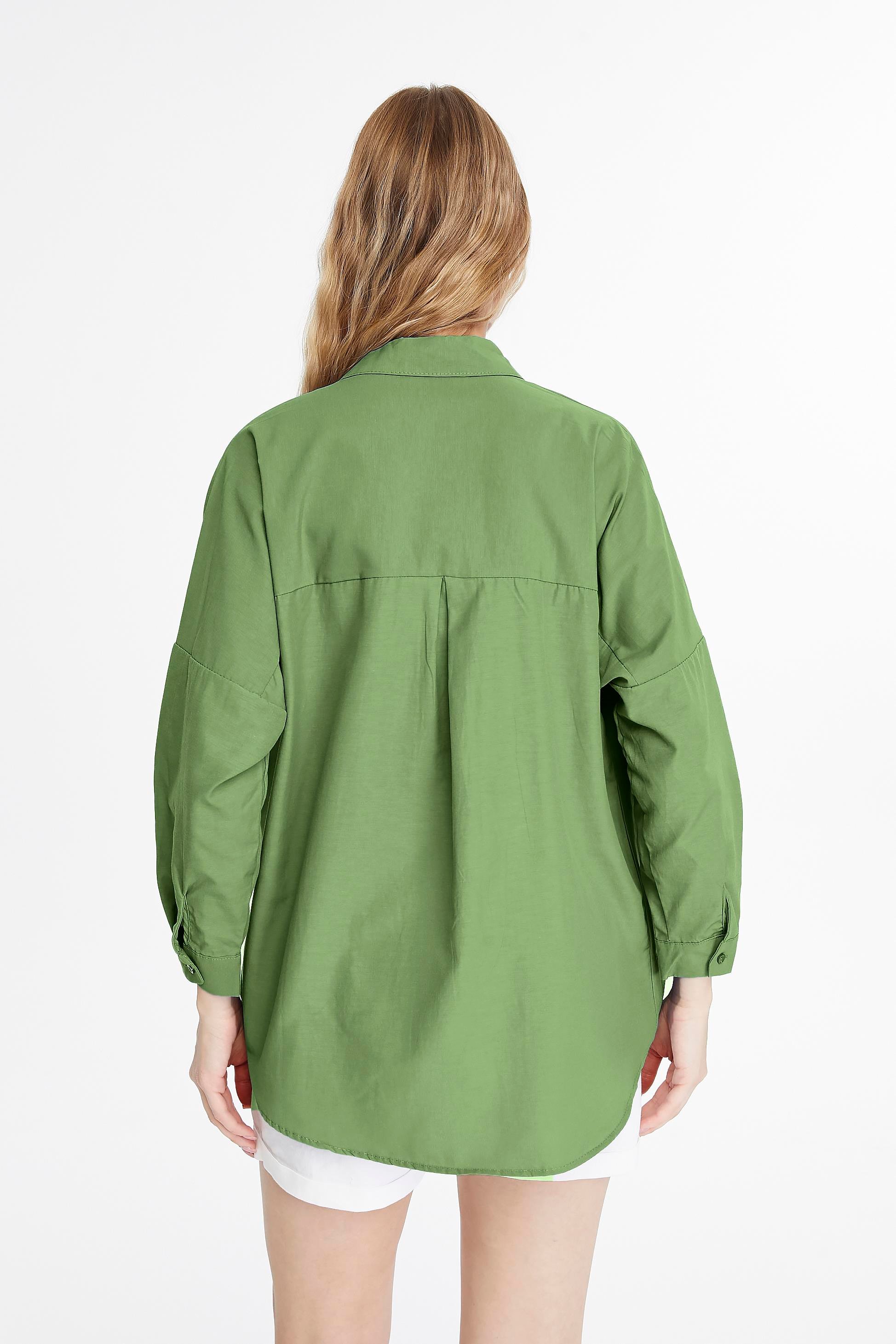 Kadın Oversize Uzun Basic Gömlek - HAKİ