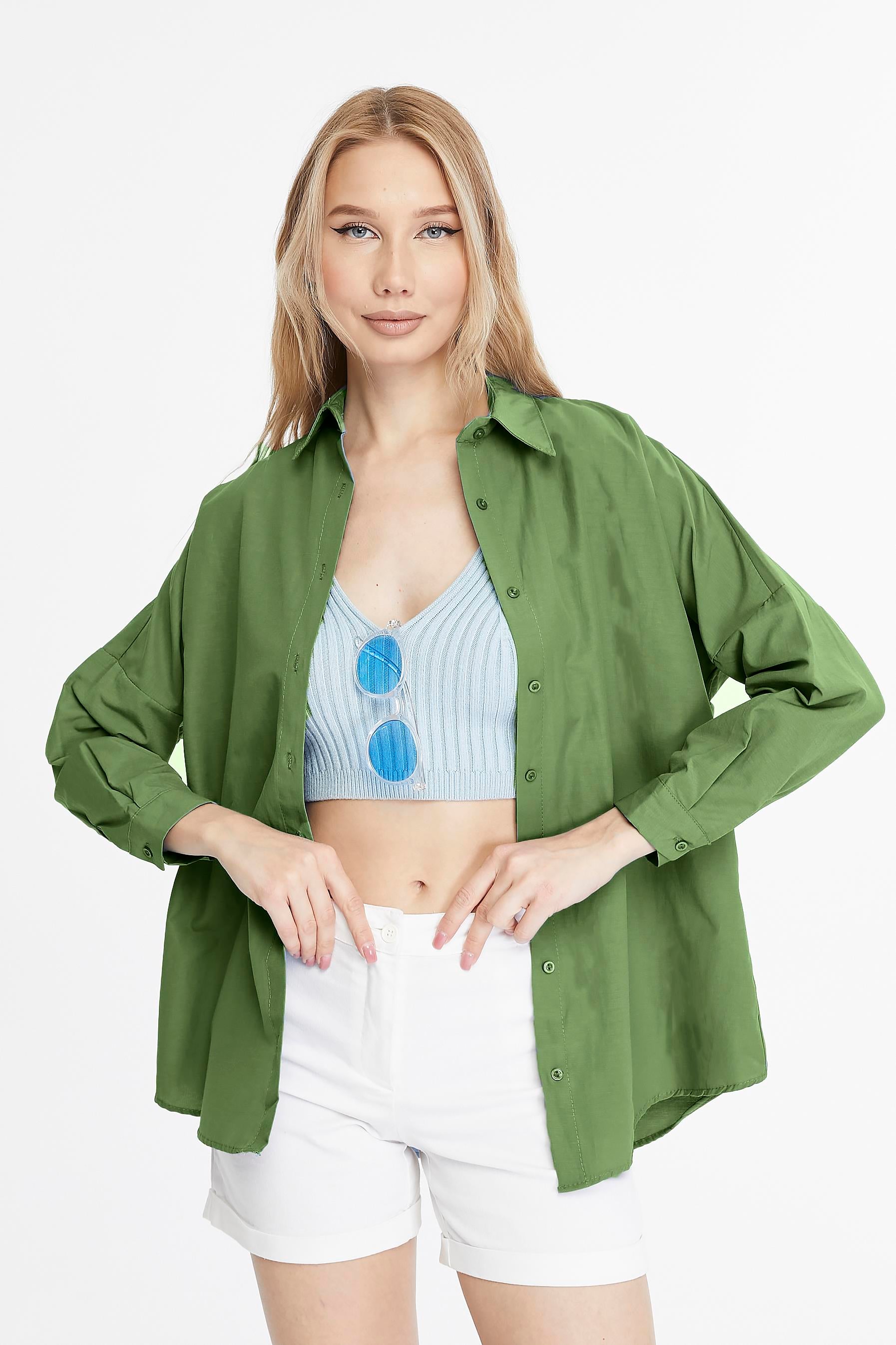 Kadın Oversize Uzun Basic Gömlek - HAKİ